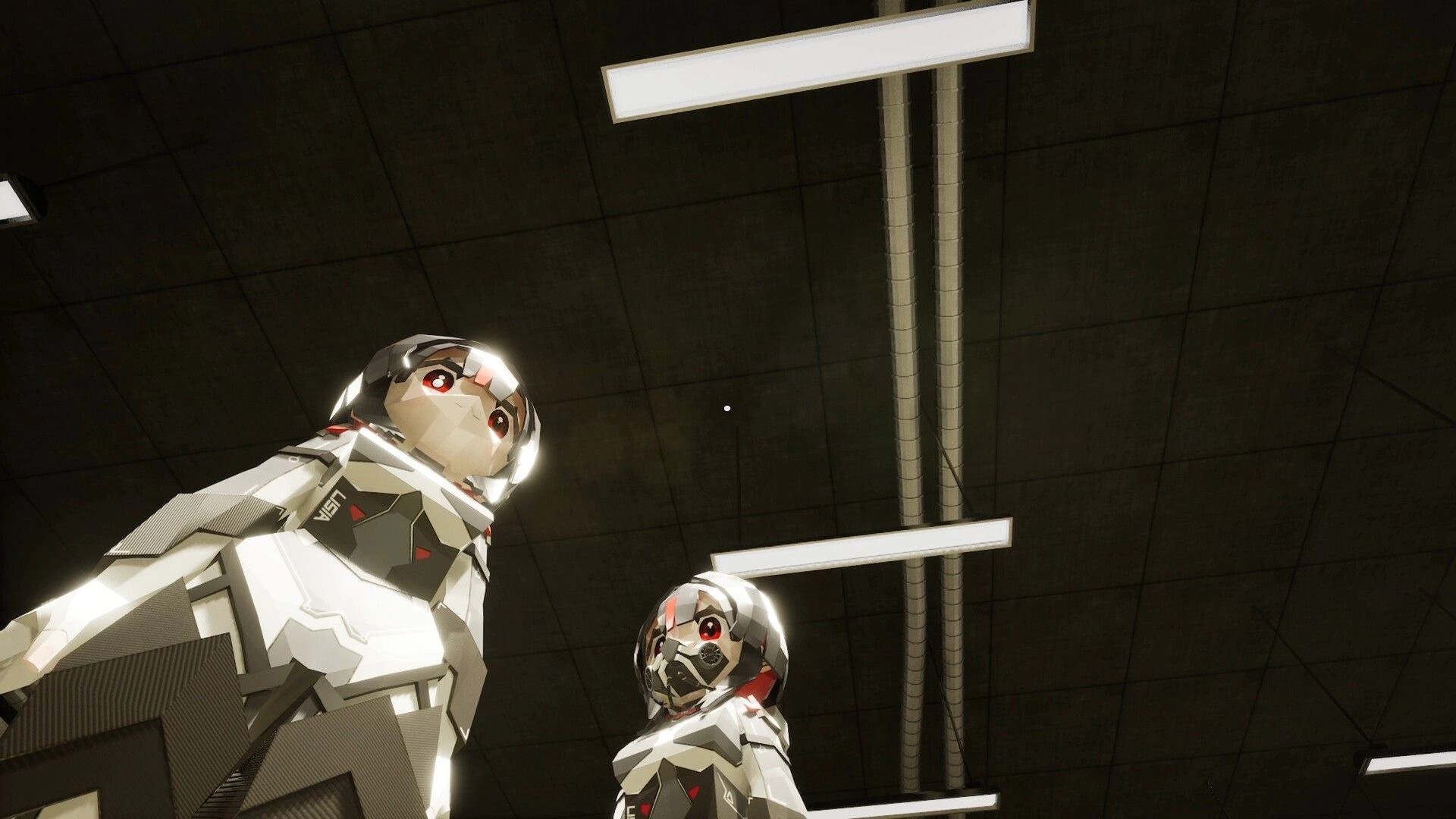 LISIA: Two helmeted astronauts loom overhead under fluorescent lights in a dark hangar ceiling.