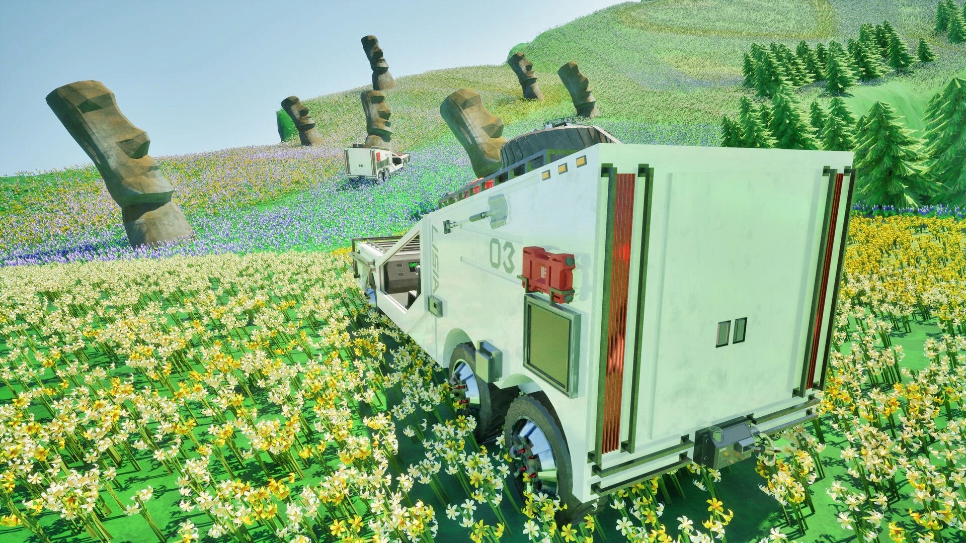 LISIA: White utility truck parked in a wildflower meadow near stone heads and pine trees hillside.