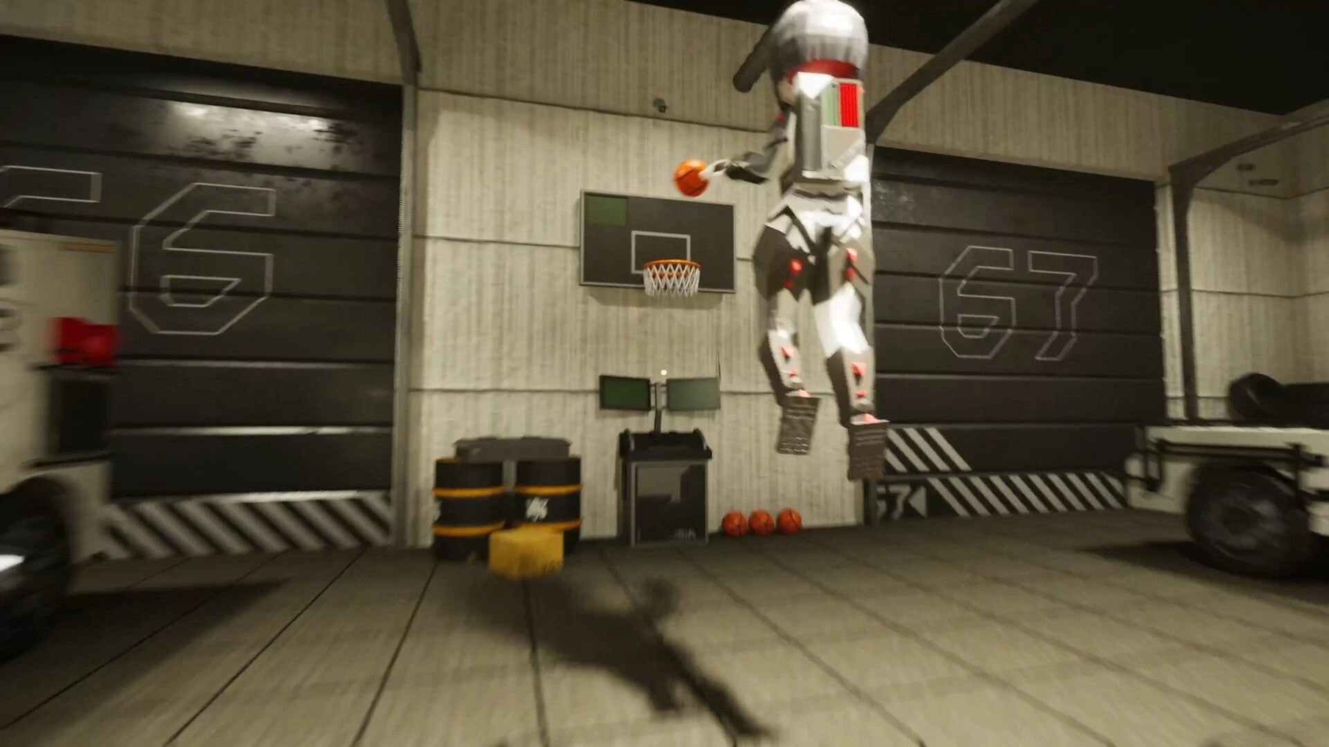LISIA: Astronaut jumps to dunk a basketball at a hoop inside a concrete garage with big doors marked 67.