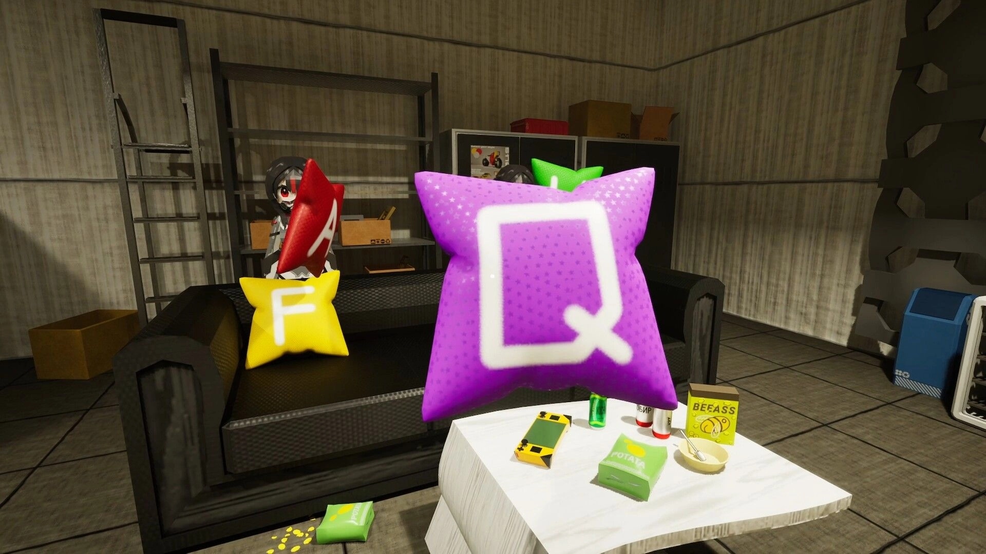 LISIA: Cozy lounge with sofa and snack table, giant letter pillows, and shelves in a garage room.
