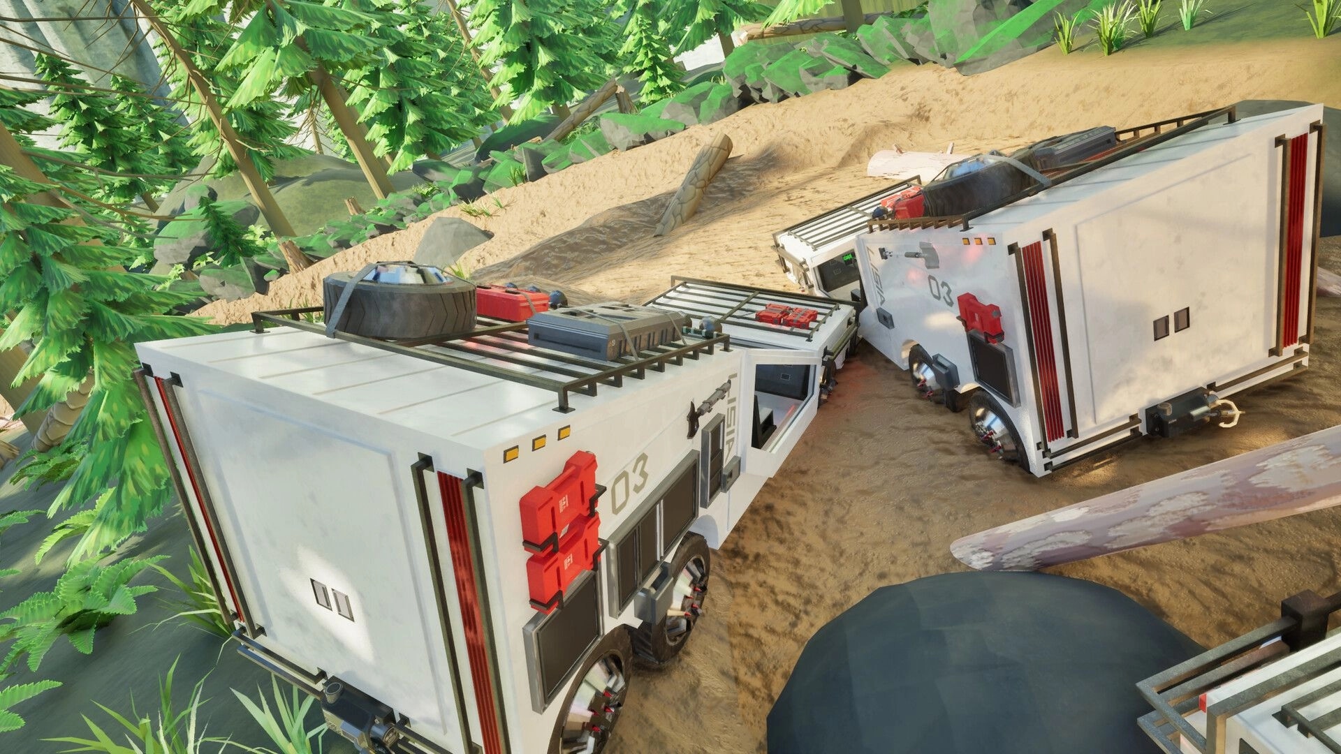 LISIA: Two white off-road trucks jammed on a sandy mountain trail beside dense pine forest.