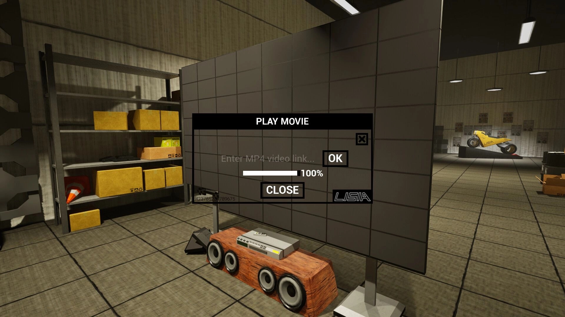 LISIA: Play Movie popup with MP4 link field and OK/Close buttons in a warehouse garage room.