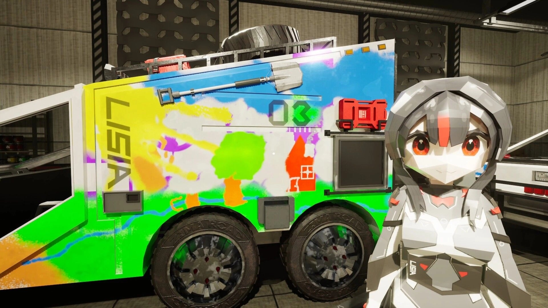 LISIA: Spray-painted truck side with colorful graffiti and close-up pilot avatar in garage bay.