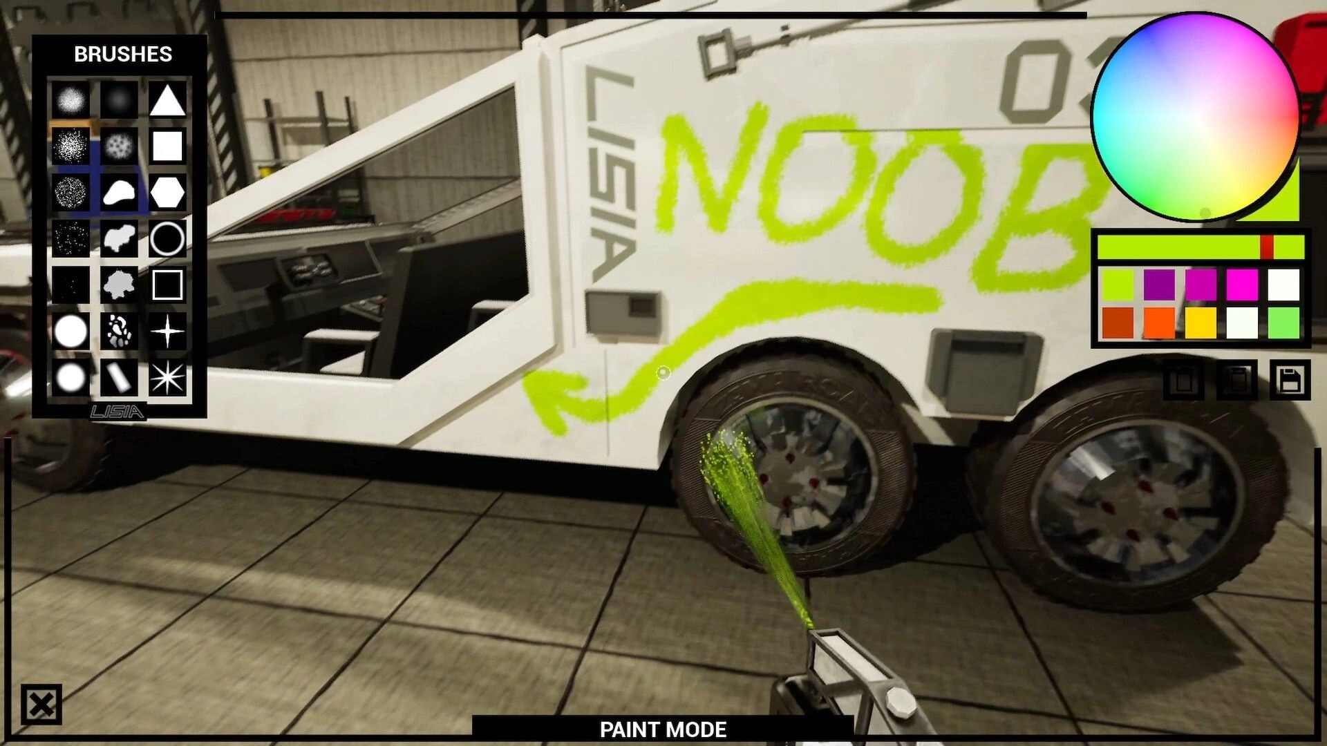 LISIA: Paint mode spraying neon green NOOB on a white truck, brush palette UI in garage bay.