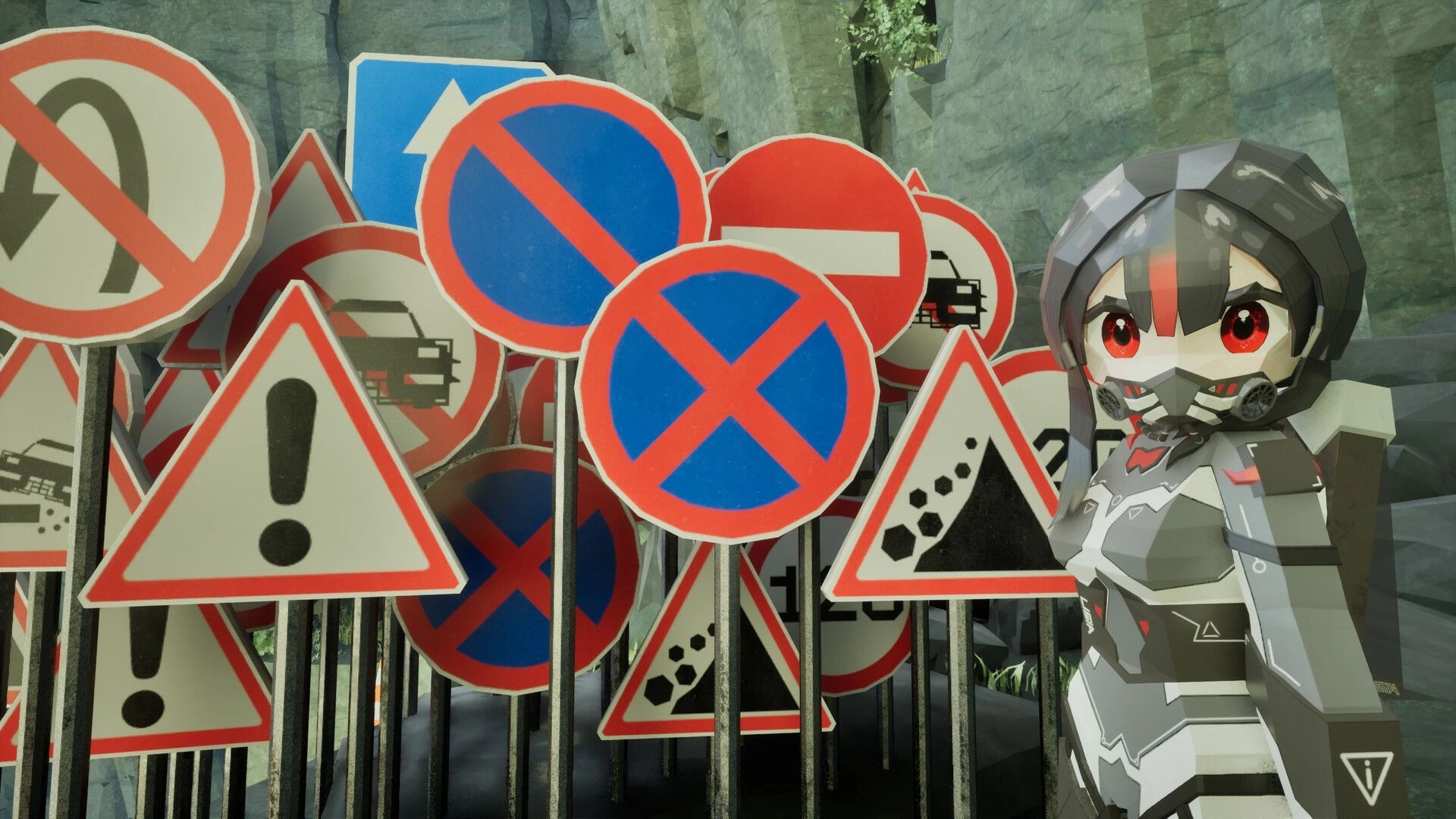 LISIA: Masked character beside a cluster of road warning signs in a rocky canyon pass.