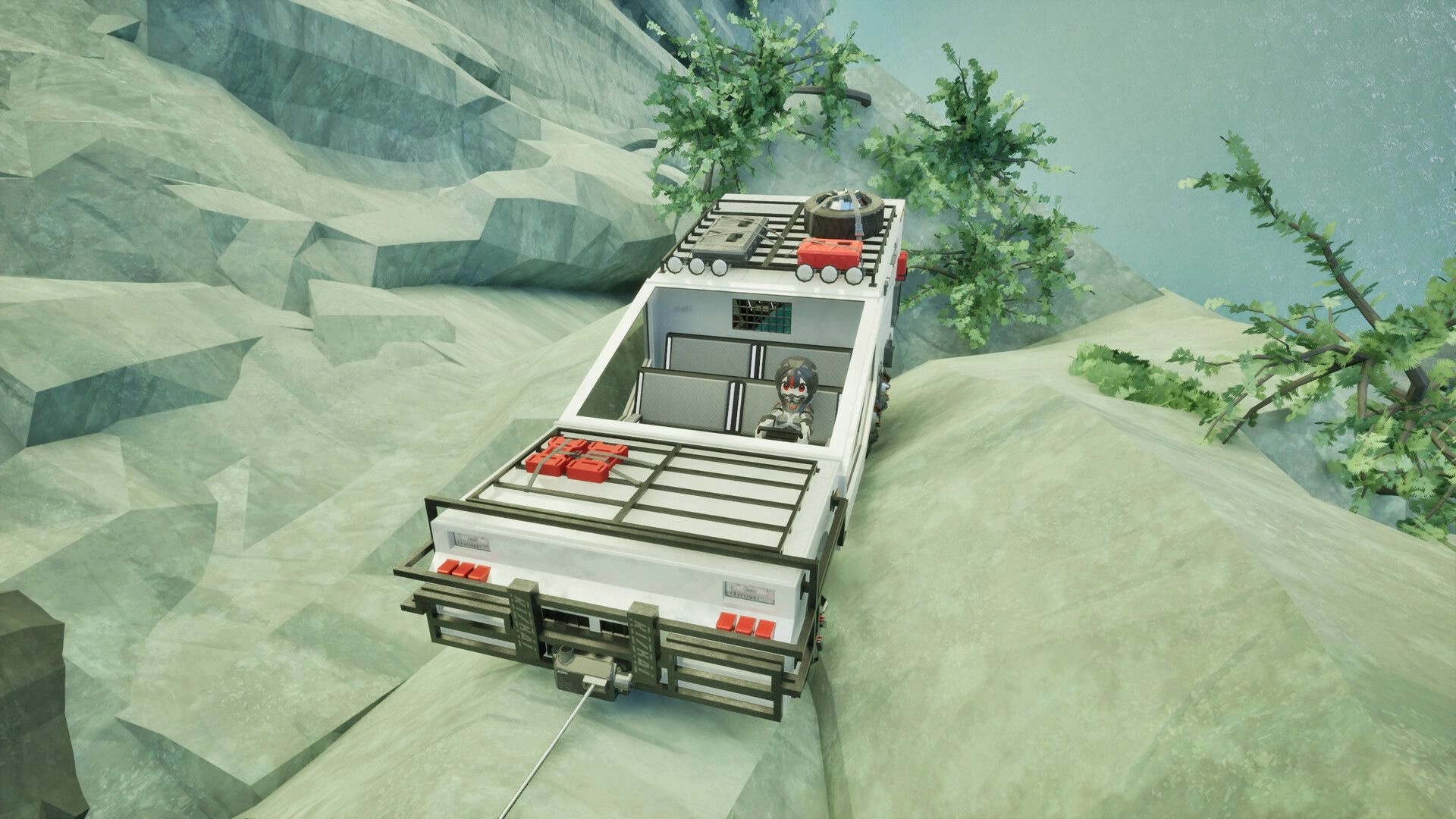 LISIA: Truck perched on a steep rocky slope, winch line extended, trees and misty drop-off nearby.