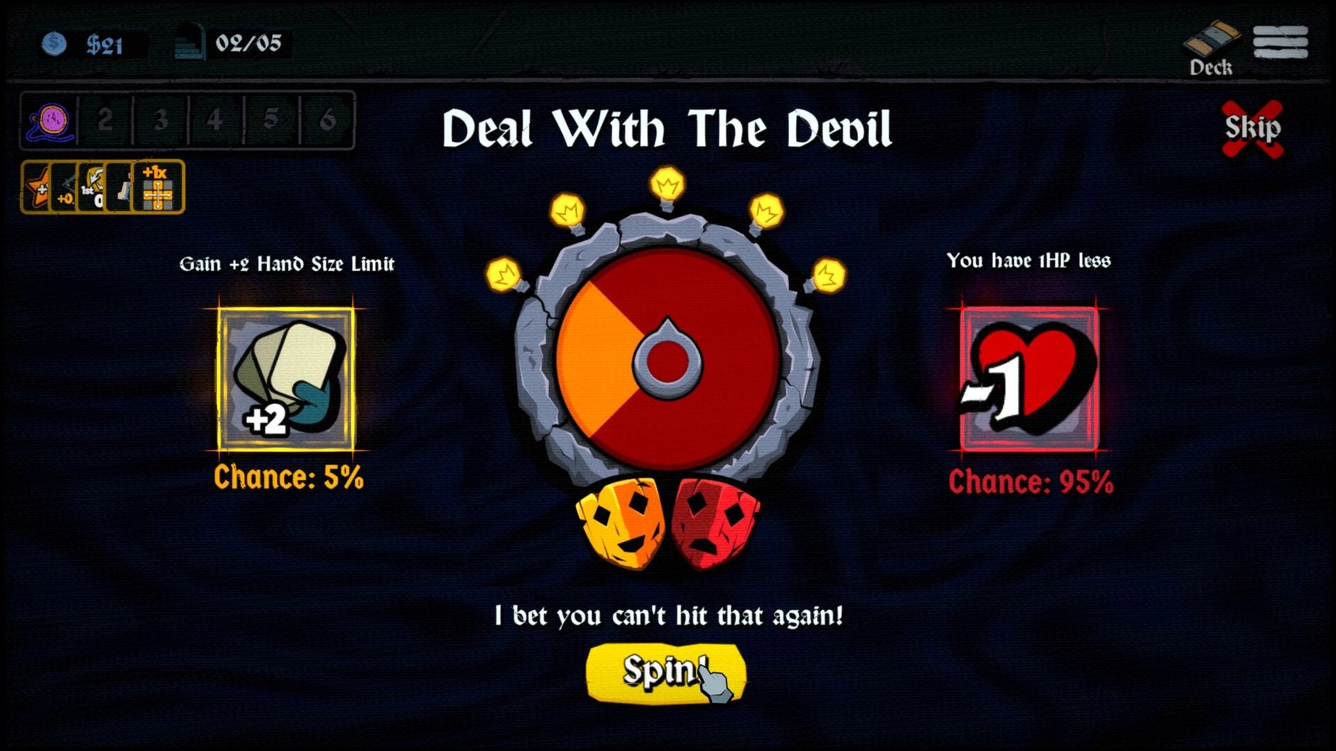 Litany: Deal With The Devil roulette event offering +2 hand size or -1 HP with spin button UI.