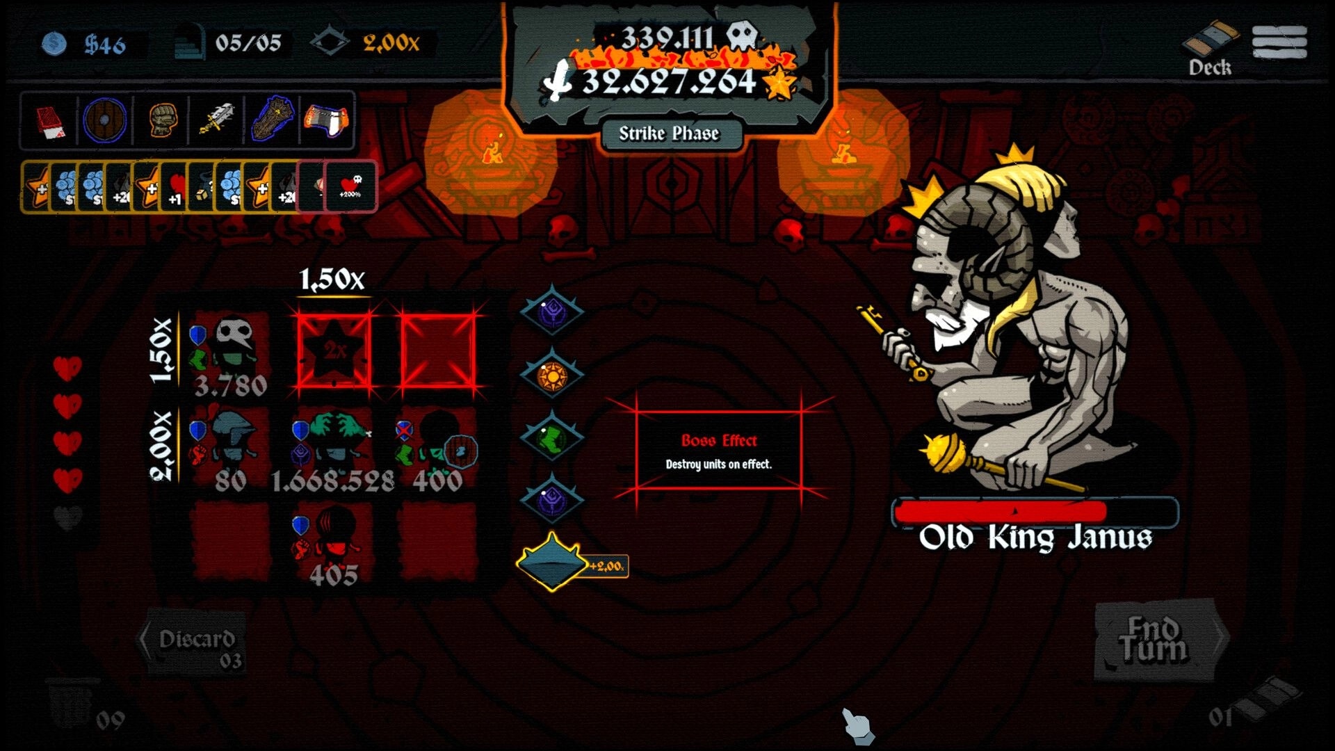 Litany: Strike Phase boss fight vs Old King Jamus with card row and unit grid in dark temple UI.