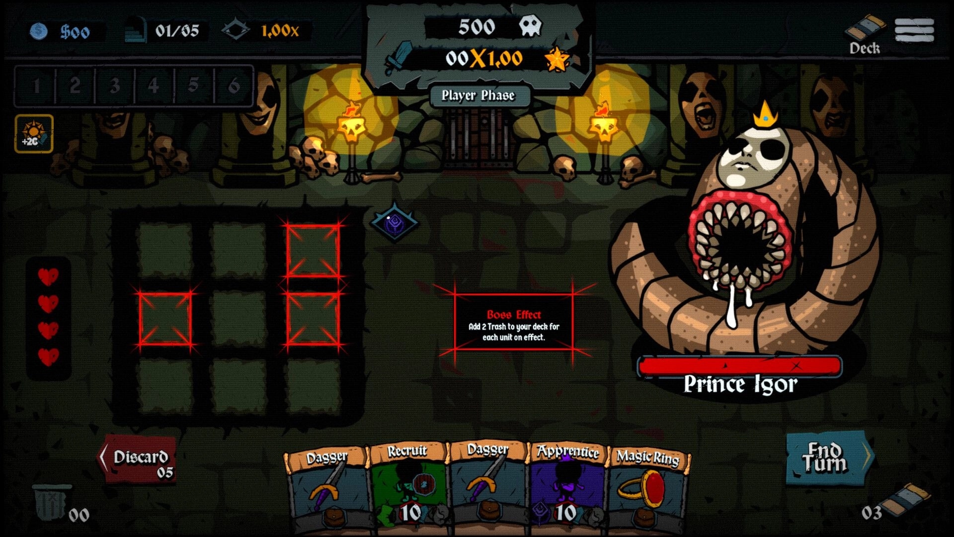 Litany: Player phase battle UI facing Prince Igor in a skull-lit dungeon with hand of cards and End Turn.