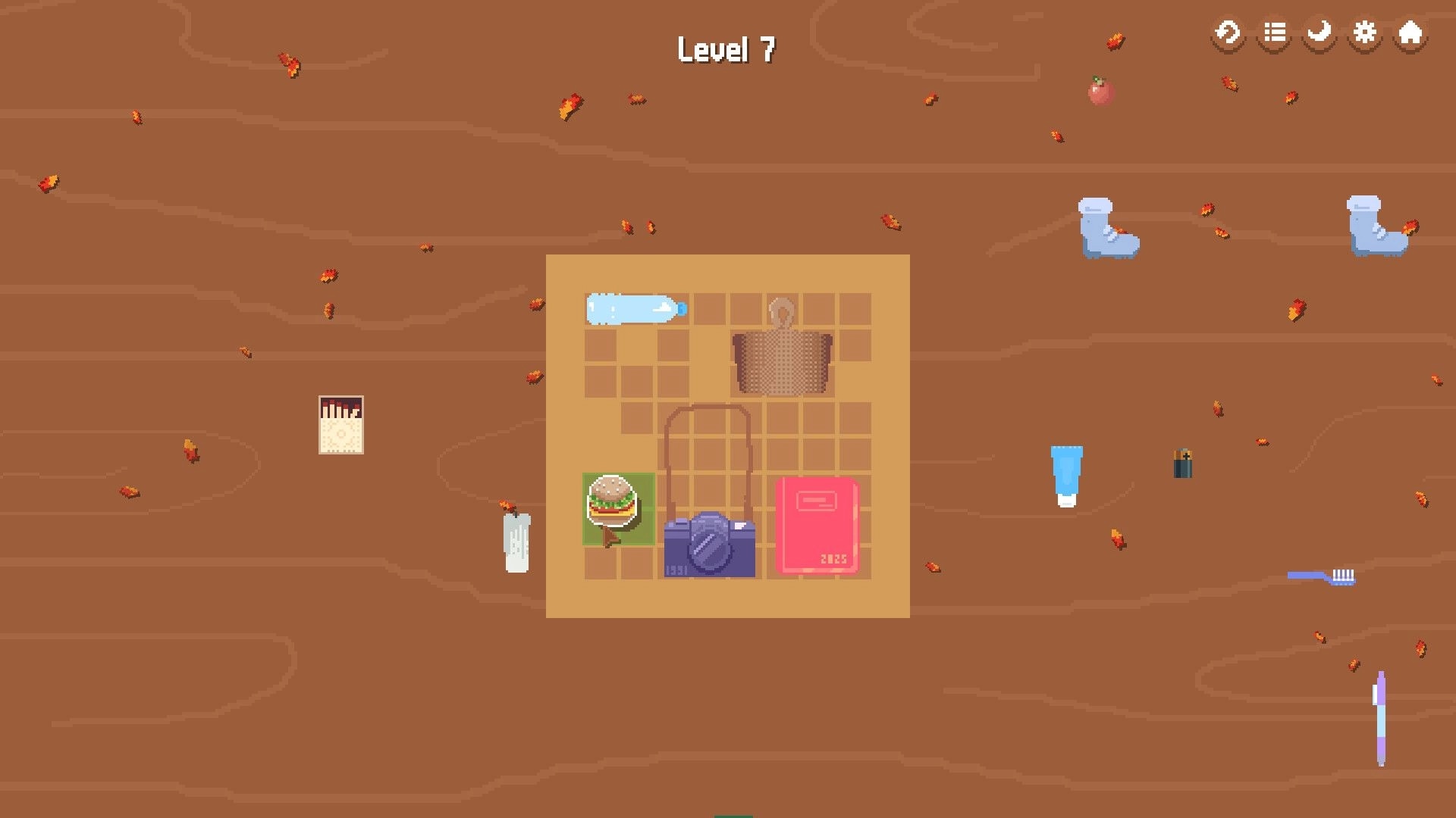 Little Backpack: Level 7 backpack grid with camera, burger, book, bottle on autumn leaf background.
