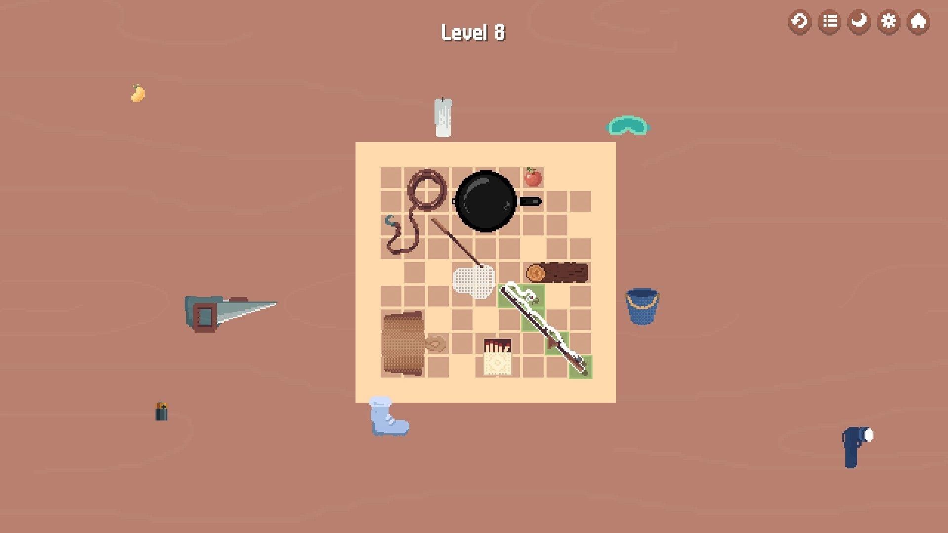 Little Backpack: Level 8 backpack grid with frying pan, rope, net, matches, and rifle on desk.