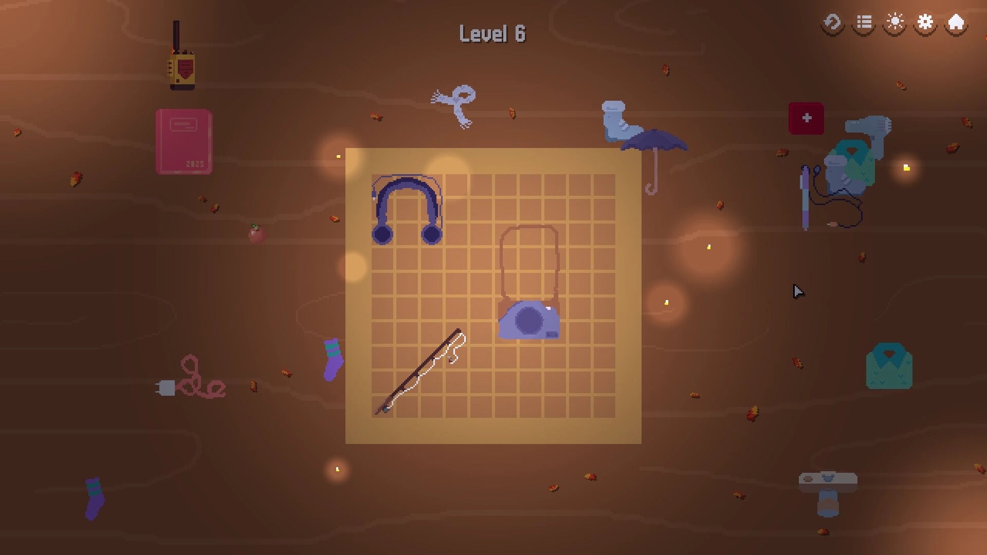 Little Backpack: Level 6 packing grid with headphones, purse, and wand, items scattered on desk.
