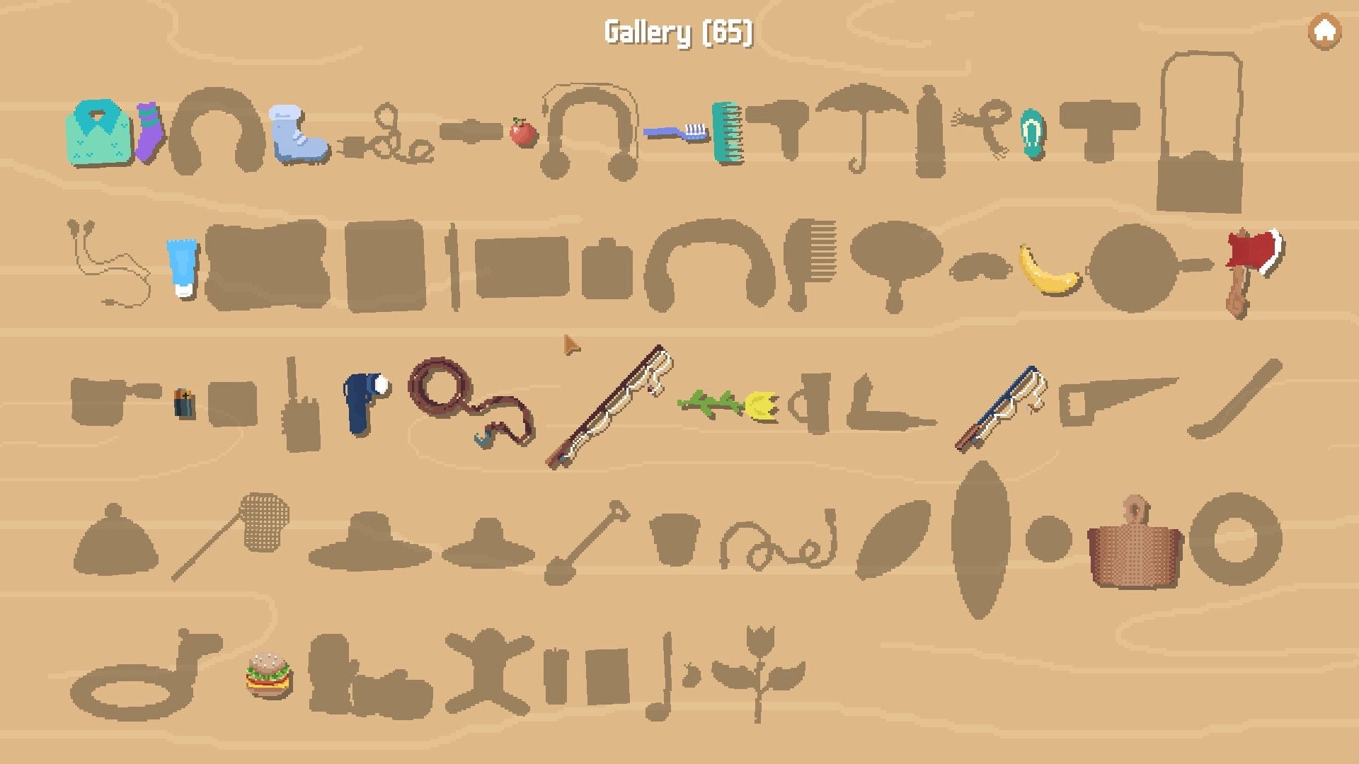 Little Backpack: Gallery (65) screen with item silhouettes and a few found objects on sandy backdrop.