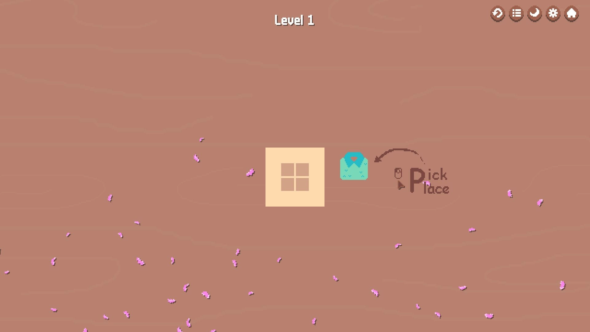 Little Backpack: Level 1 tutorial with 2x2 grid and shirt icon, Pick Place prompt on wood backdrop.