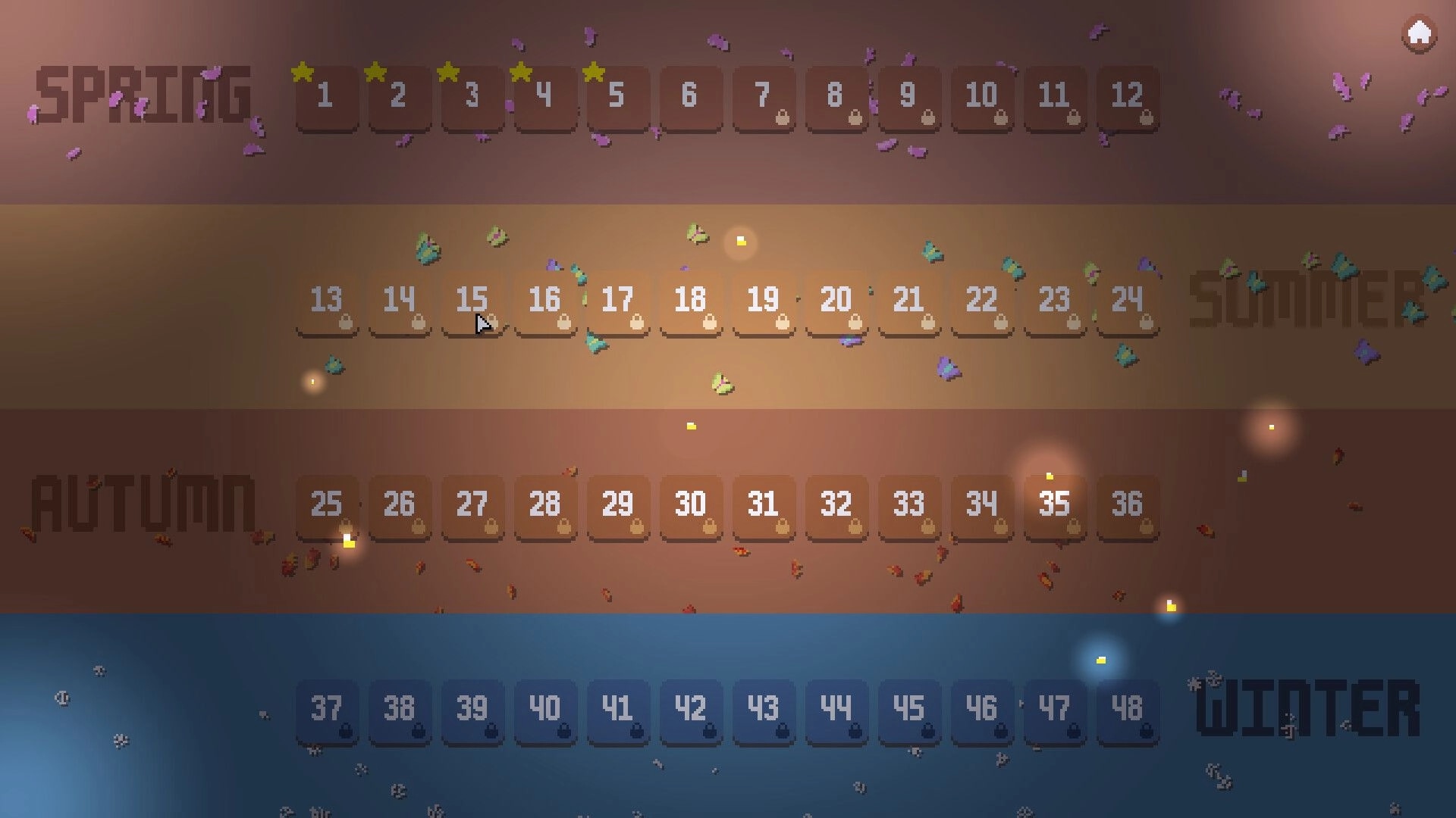 Little Backpack: Level select screen with numbered tiles across Spring, Summer, Autumn, Winter bands.