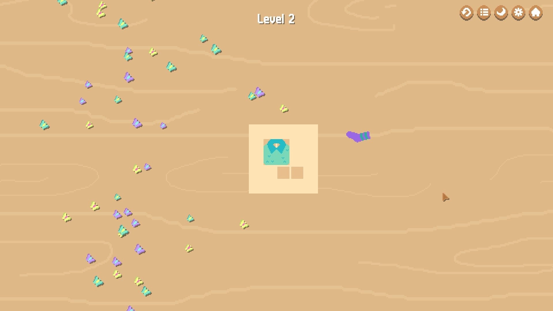 Little Backpack: Level 2 packing grid with a teal shirt and socks scattered on a sandy background.