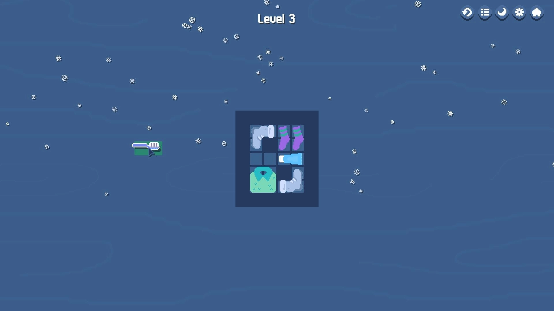 Little Backpack: Level 3 packing grid with socks, coat, sweater, and toothbrush on snowy blue backdrop.