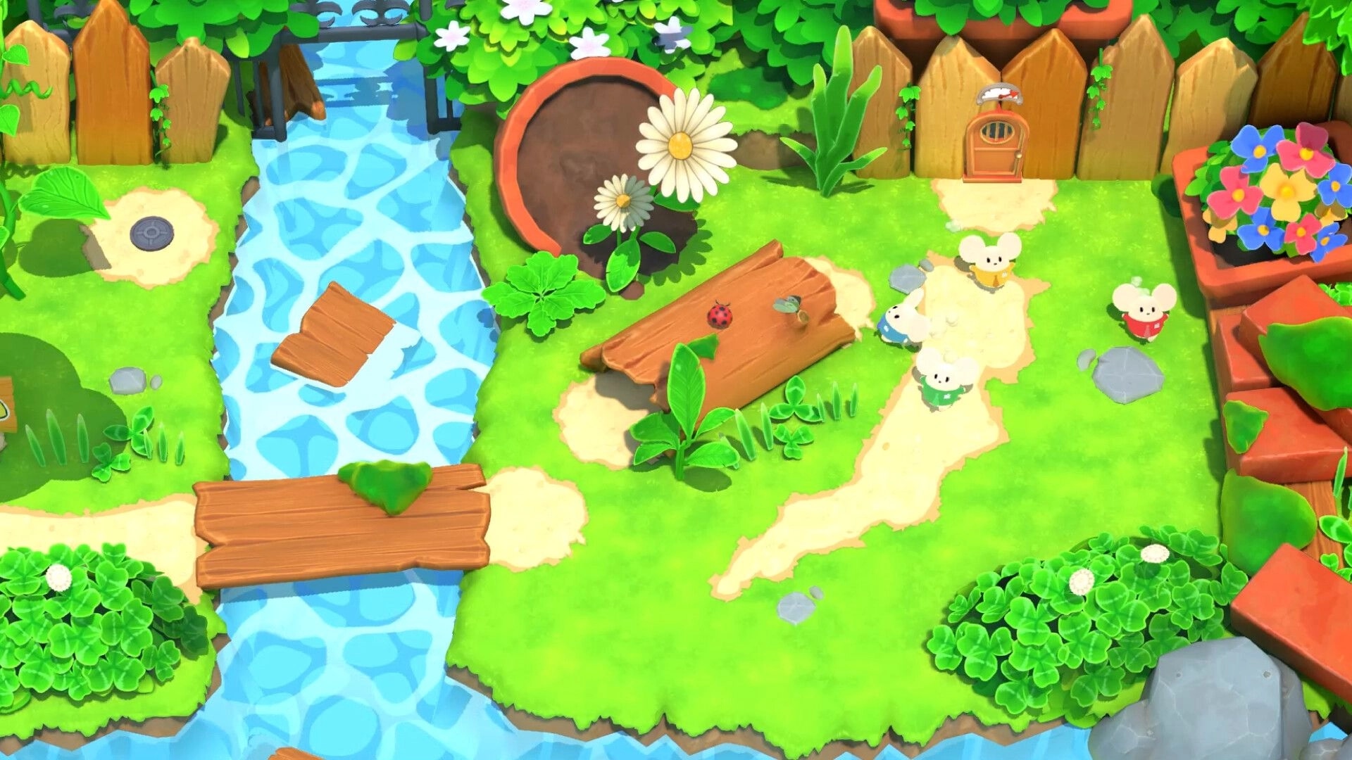 Little Cheese Works: Mice team navigates garden with river, bridge, and flowers while avoiding obstacles