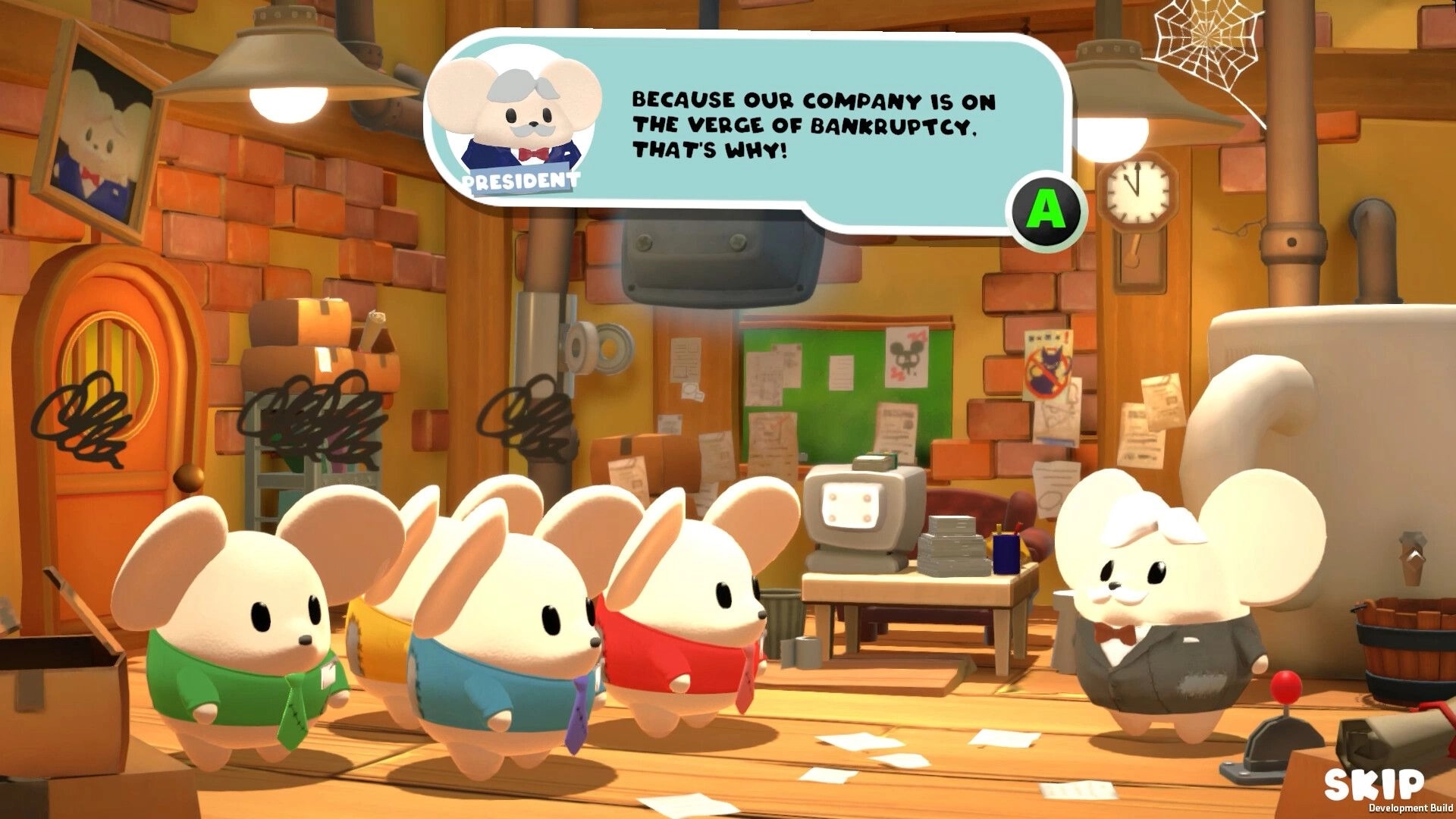 Little Cheese Works: Mice in suits discussing bankruptcy in cluttered office with dialogue bubble overhead