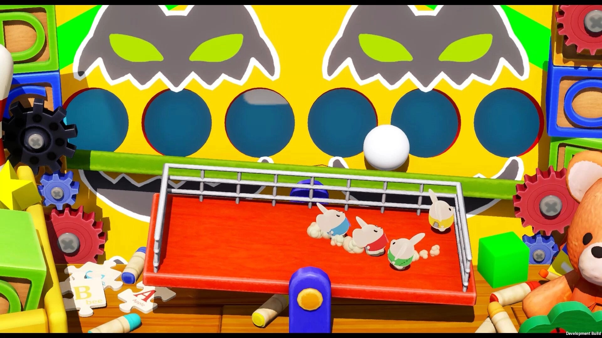 Little Cheese Works: Mice teamwork on a red platform with gears and colorful background elements.