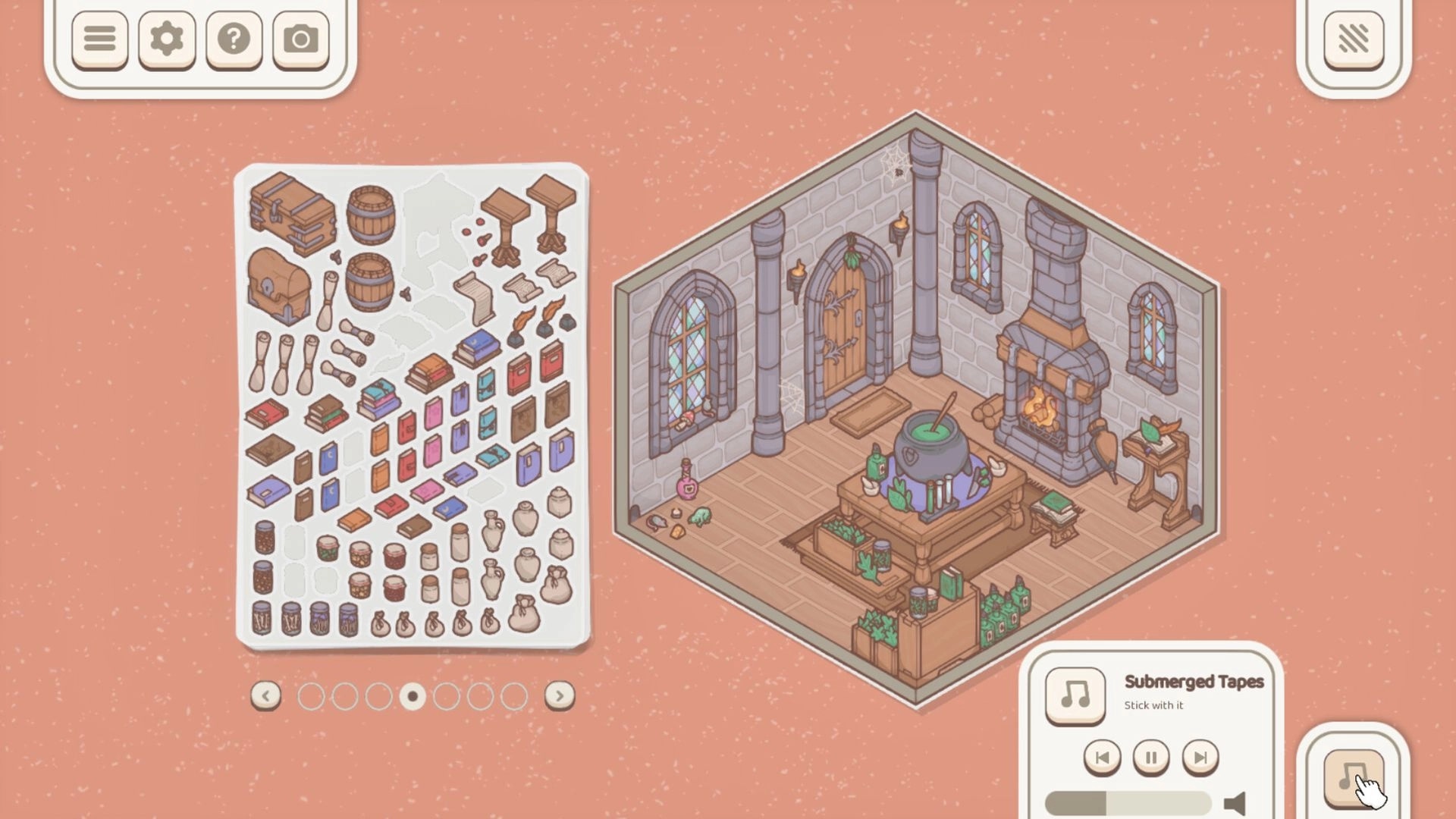 Little Corners: Inventory menu with various stickers next to a cozy room with a cauldron and fireplace