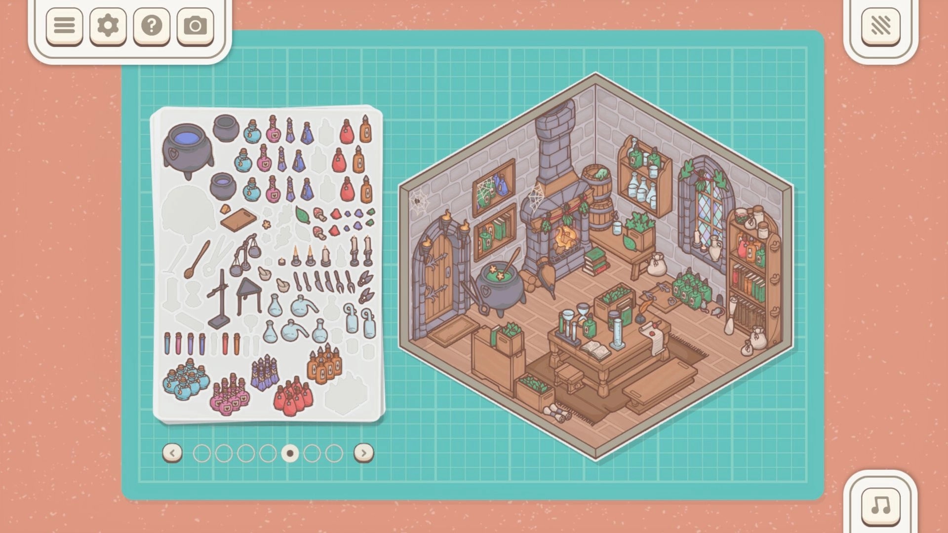 Little Corners: Inventory of potion stickers next to cozy alchemist room with fireplace and cauldron