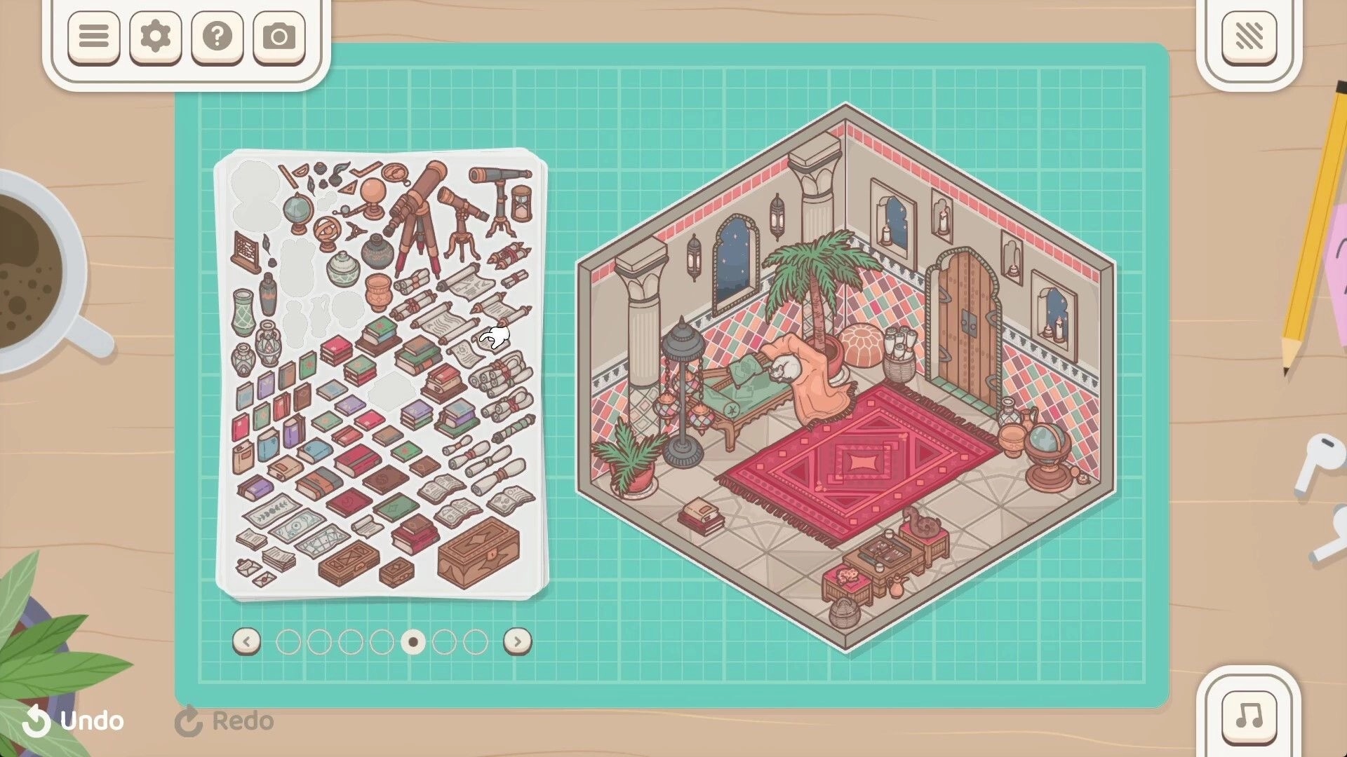Little Corners: Sticker inventory and cozy room with plants and a person lounging on a chaise in study.