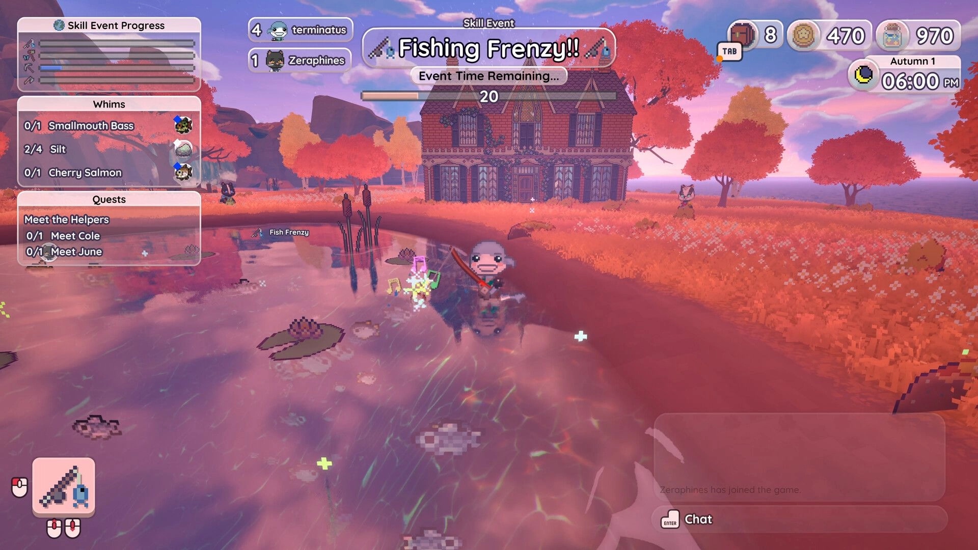 Little Crossroads: Fishing Frenzy event UI as player fishes in a pond by an autumn house at dusk.