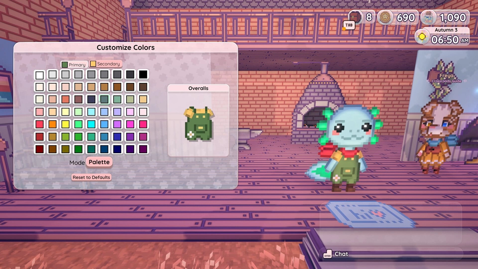 Little Crossroads: Customize Colors palette for overalls beside axolotl avatar in a cozy brick shop interior.