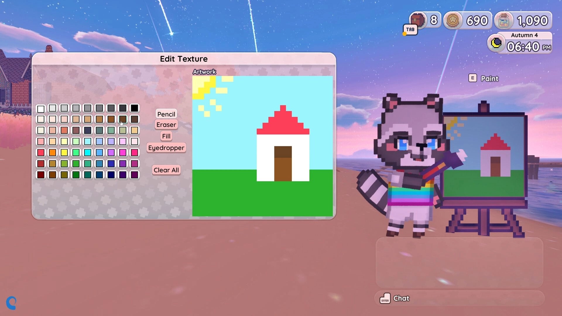 Little Crossroads: Painting pixel house in Edit Texture menu beside raccoon avatar on a beach at dusk.