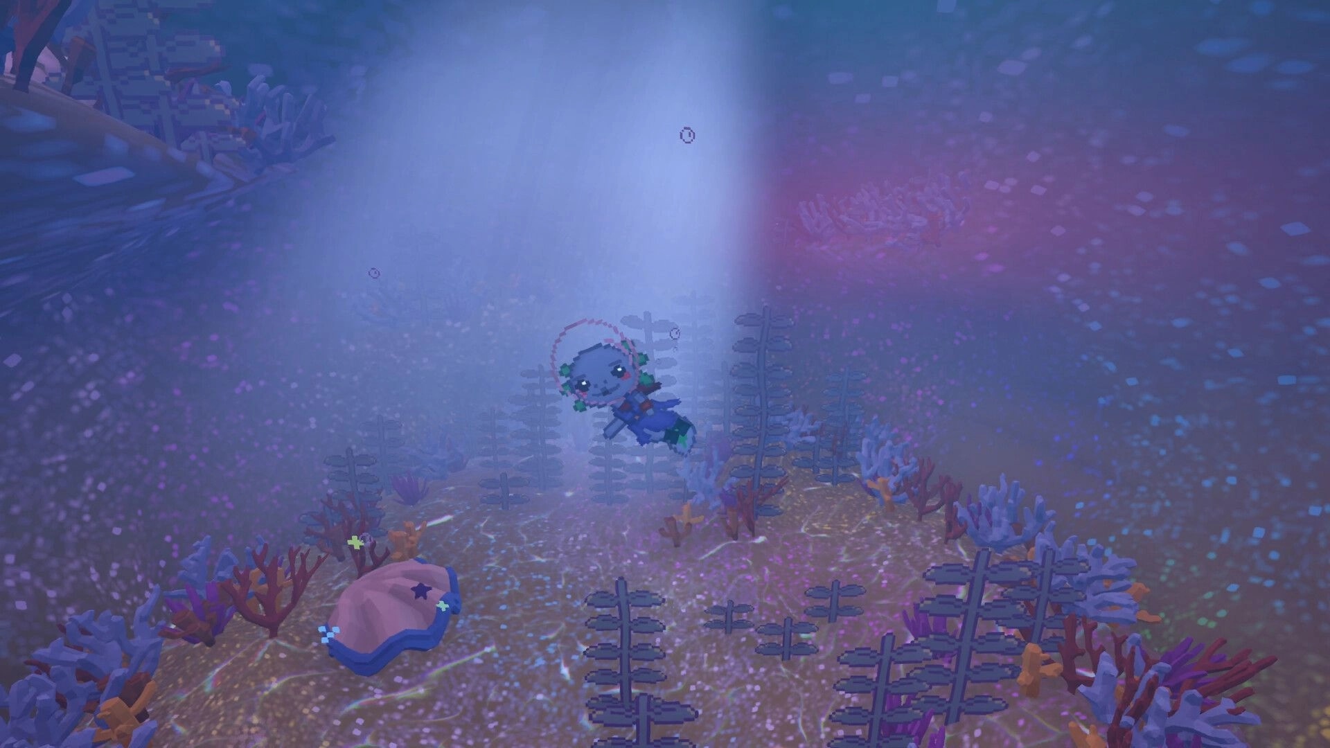 Little Crossroads: Diver swims through glowing underwater kelp and coral in a misty seafloor scene.