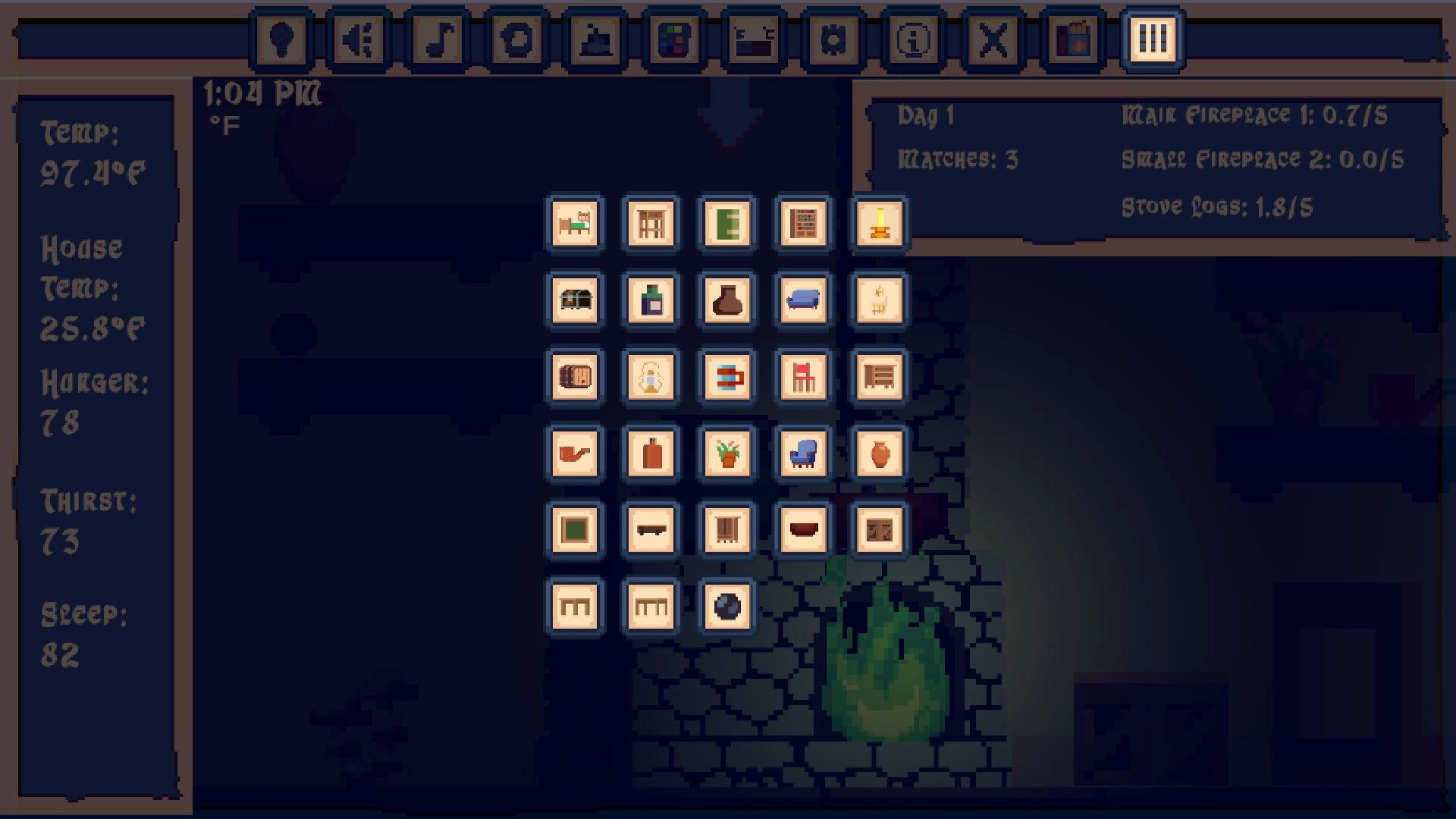 Little Fires: Build menu grid open over stone room with green fire; stats and logs UI visible.