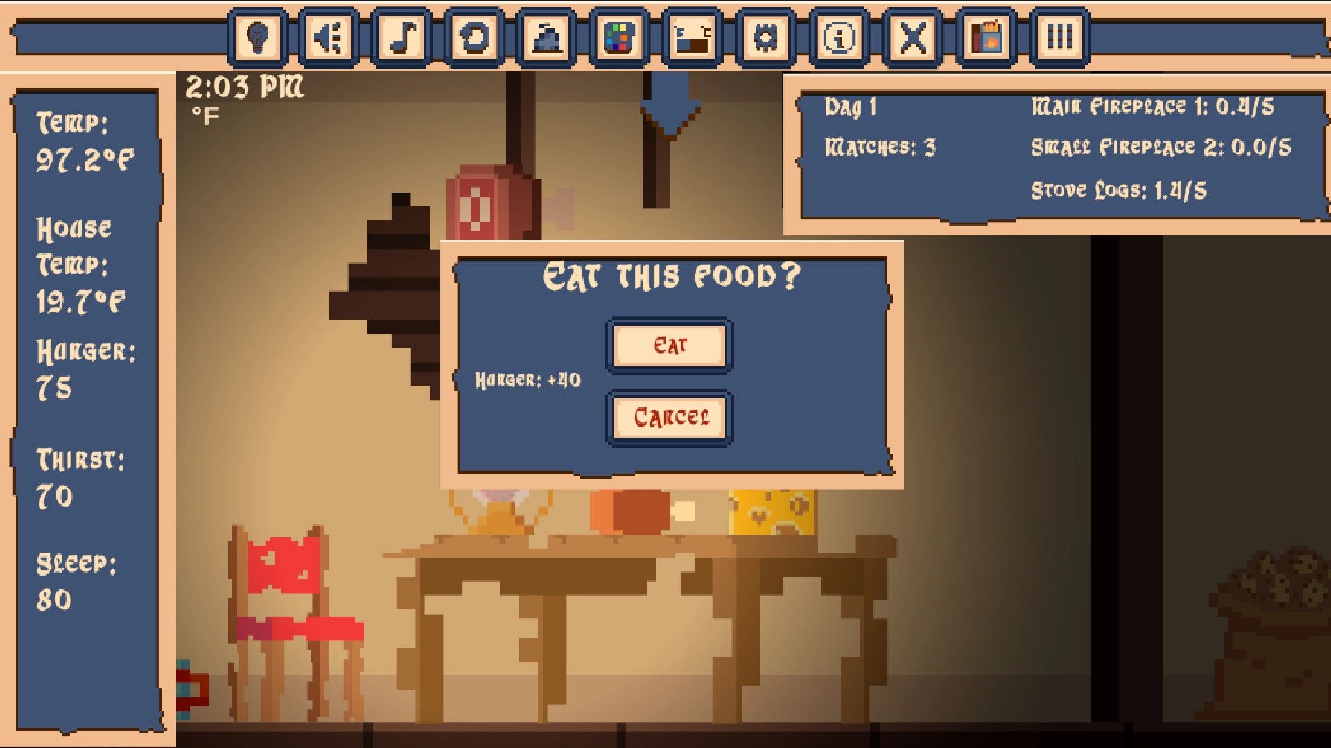 Little Fires: Eat this food confirmation popup over indoor room HUD with temp, hunger, thirst stats.