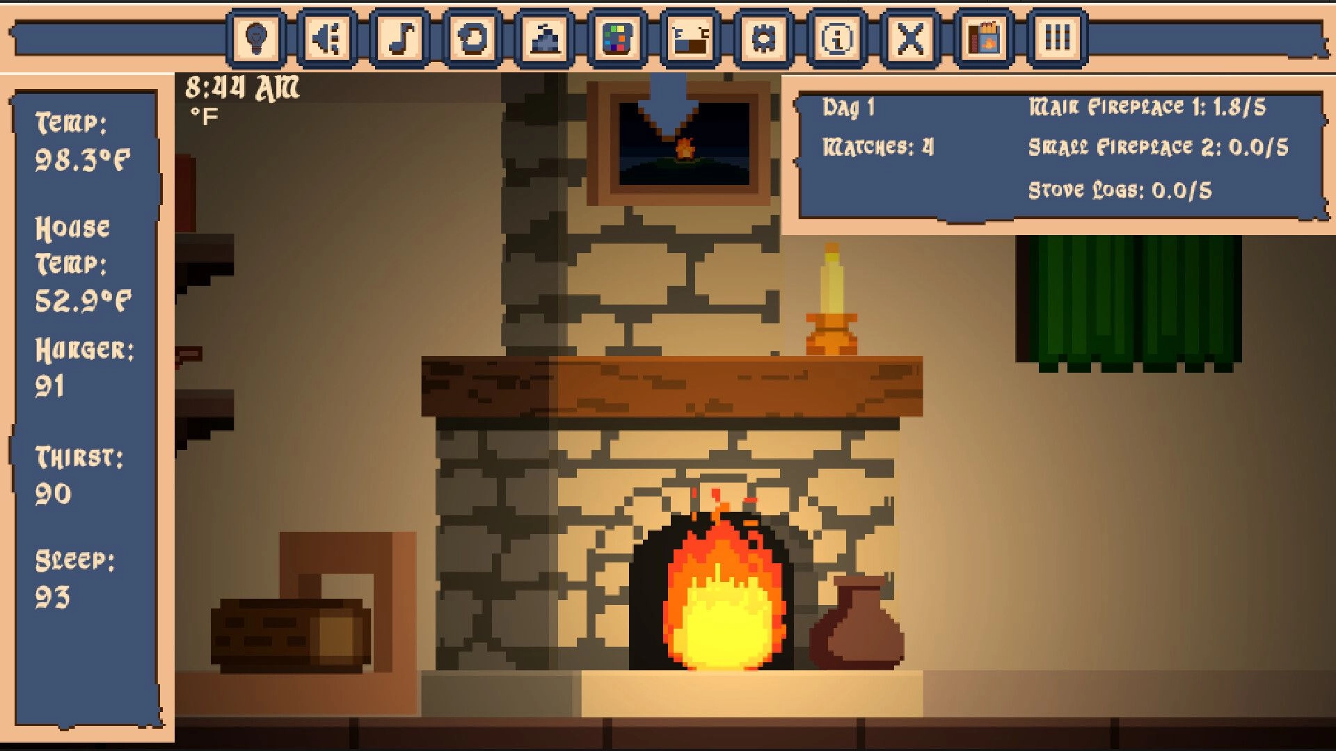 Little Fires: Lit stone fireplace with HUD stats and day log inside a cozy medieval room.