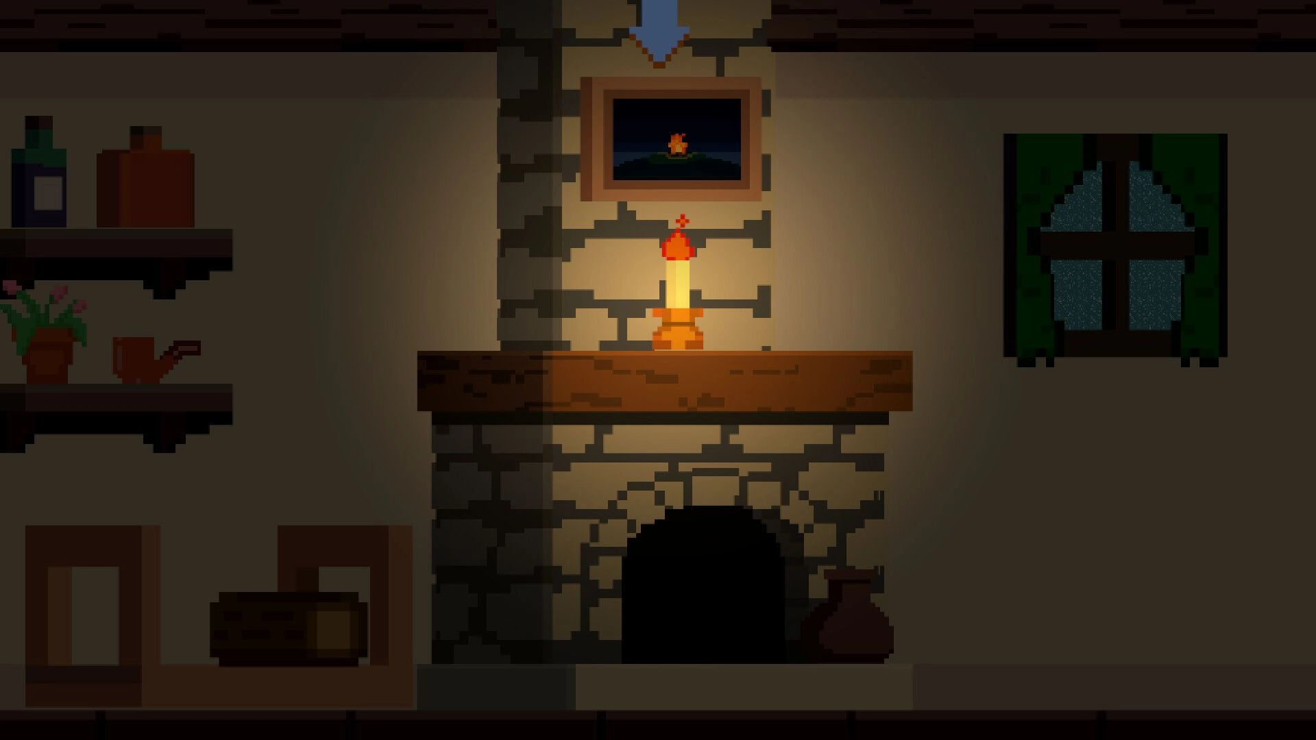 Little Fires: Candle burning on a stone fireplace mantel in a cozy pixel cottage room at night.