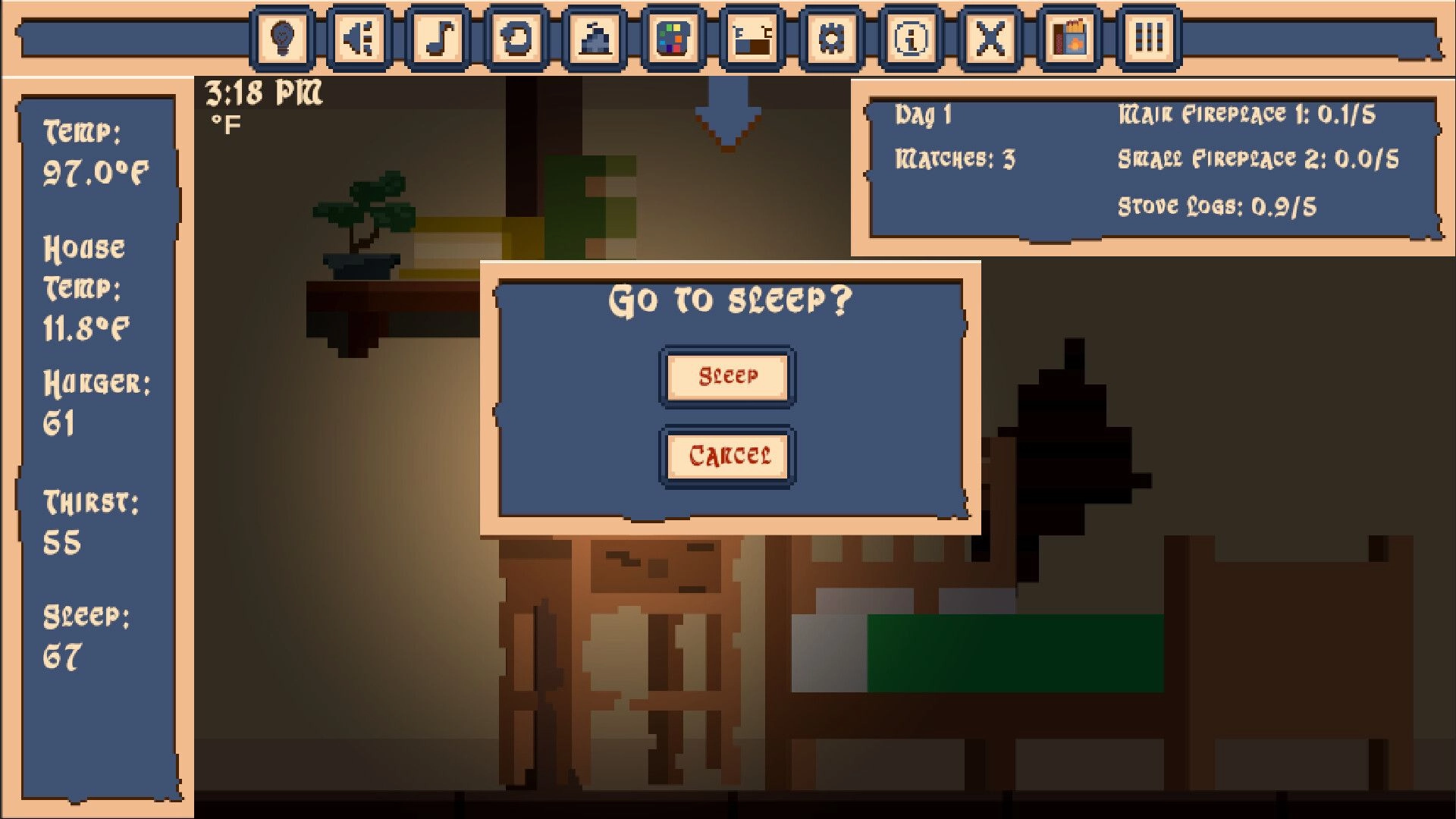 Little Fires: Sleep confirmation pop-up over bedroom with bed, temps and hunger stats UI panels.