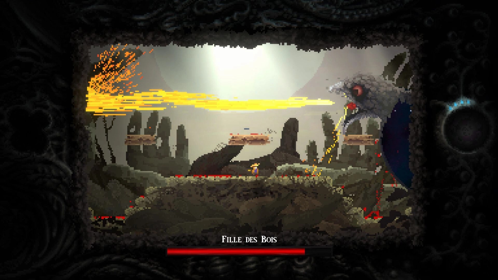 Little Prince Tyger: Boss fight vs giant bird as fire beam sweeps ruins, Fille des Bois HP bar.