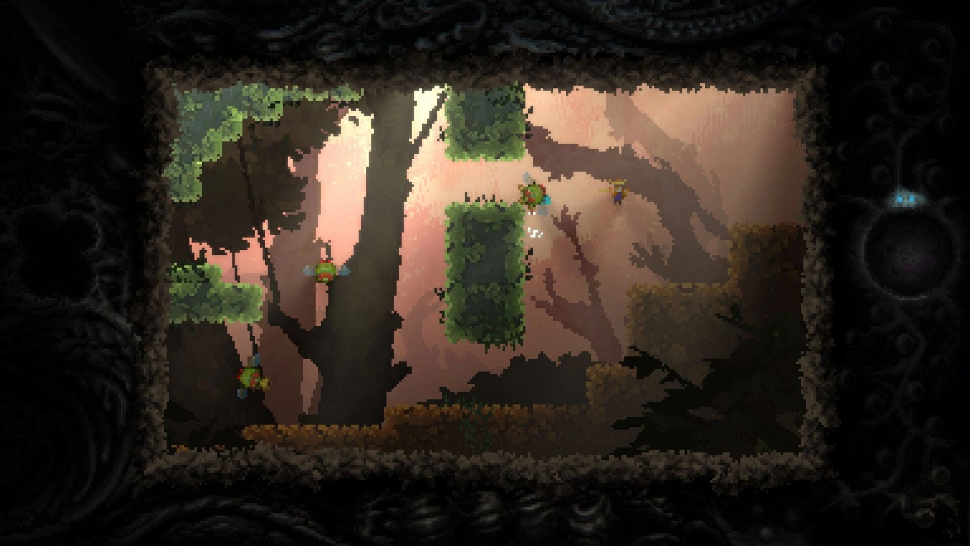 Little Prince Tyger: Side-view archer aims at flying green foes in a rocky cave with mossy ledges.