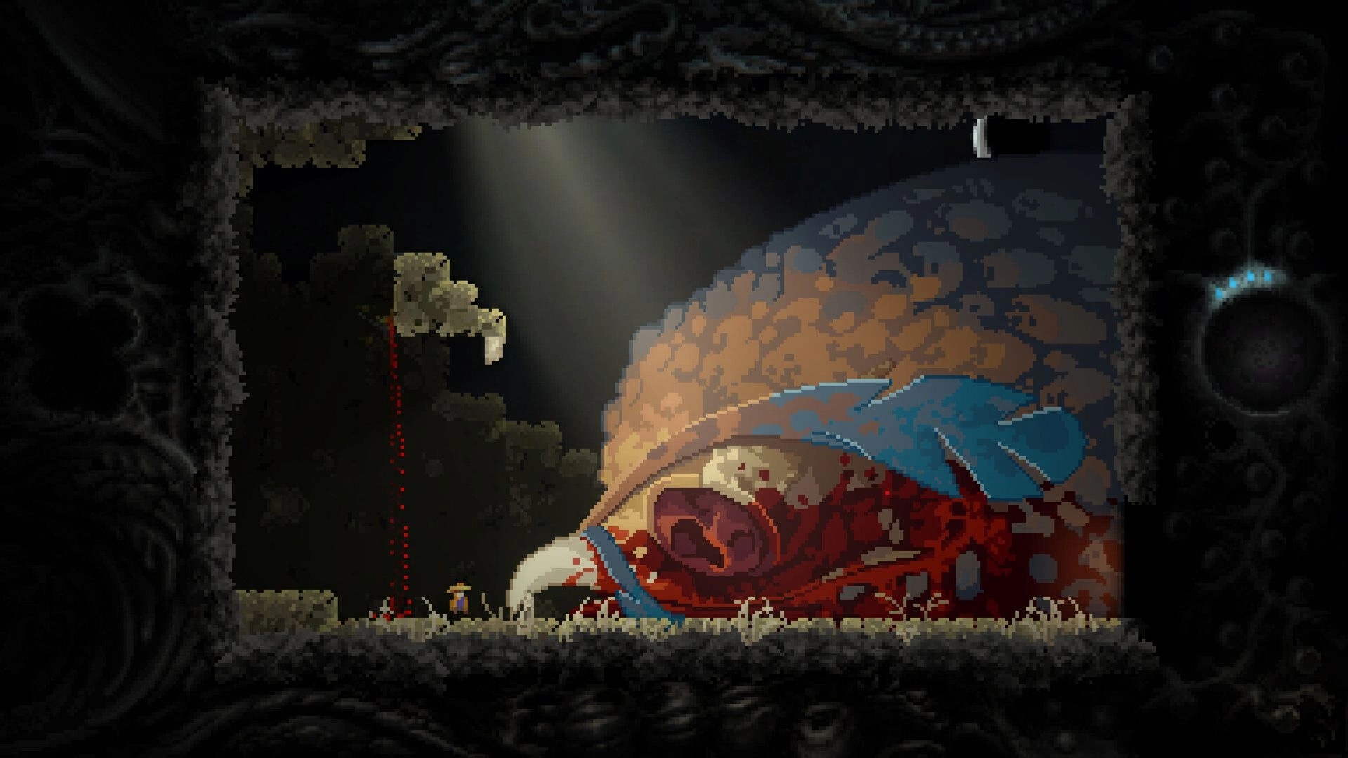 Little Prince Tyger: Red dotted aiming line near small archer by giant carcass in dark cave arena.
