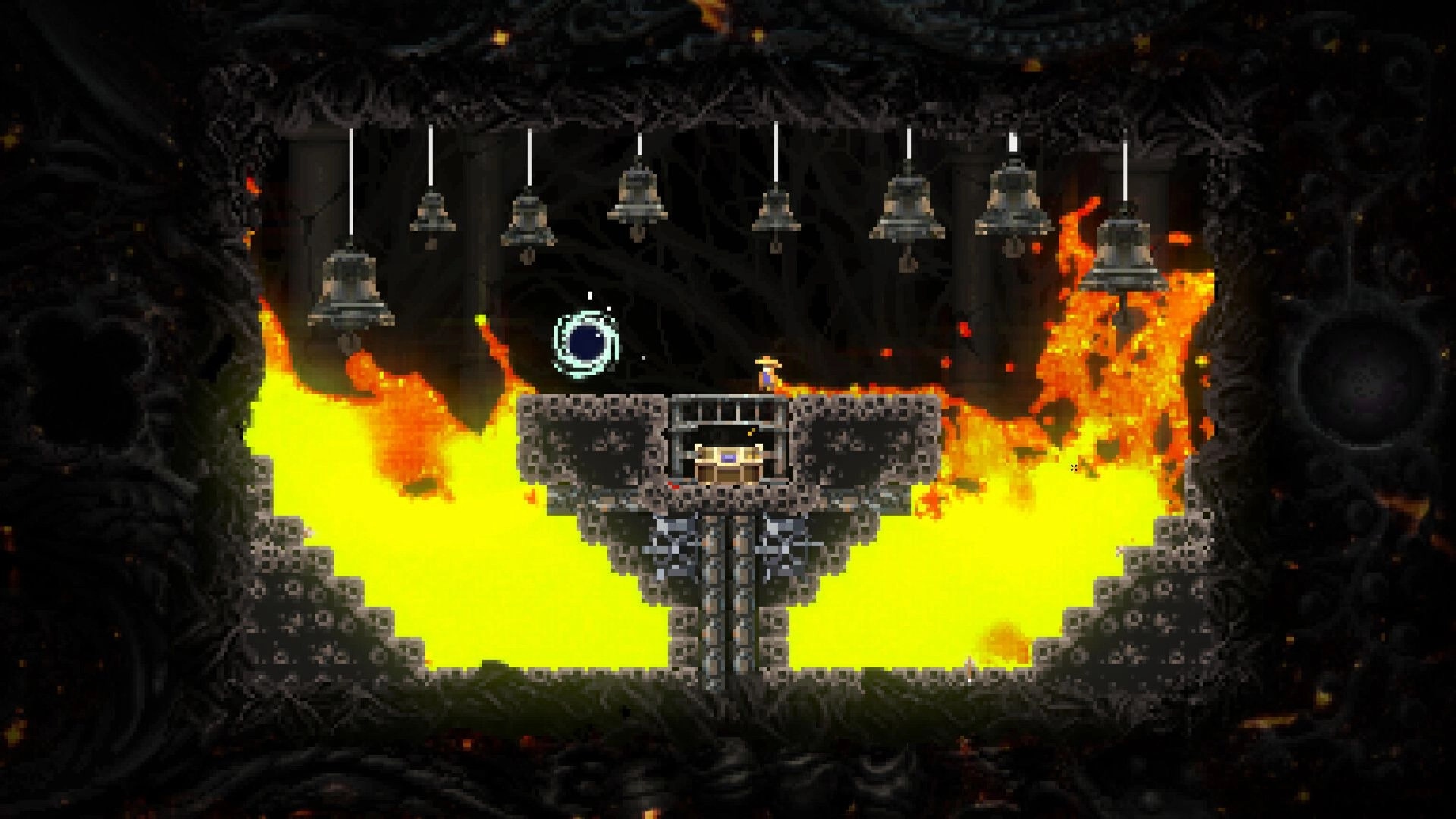 Little Prince Tyger: Hero stands on stone platform above lava and fire in a cavern with hanging bells.