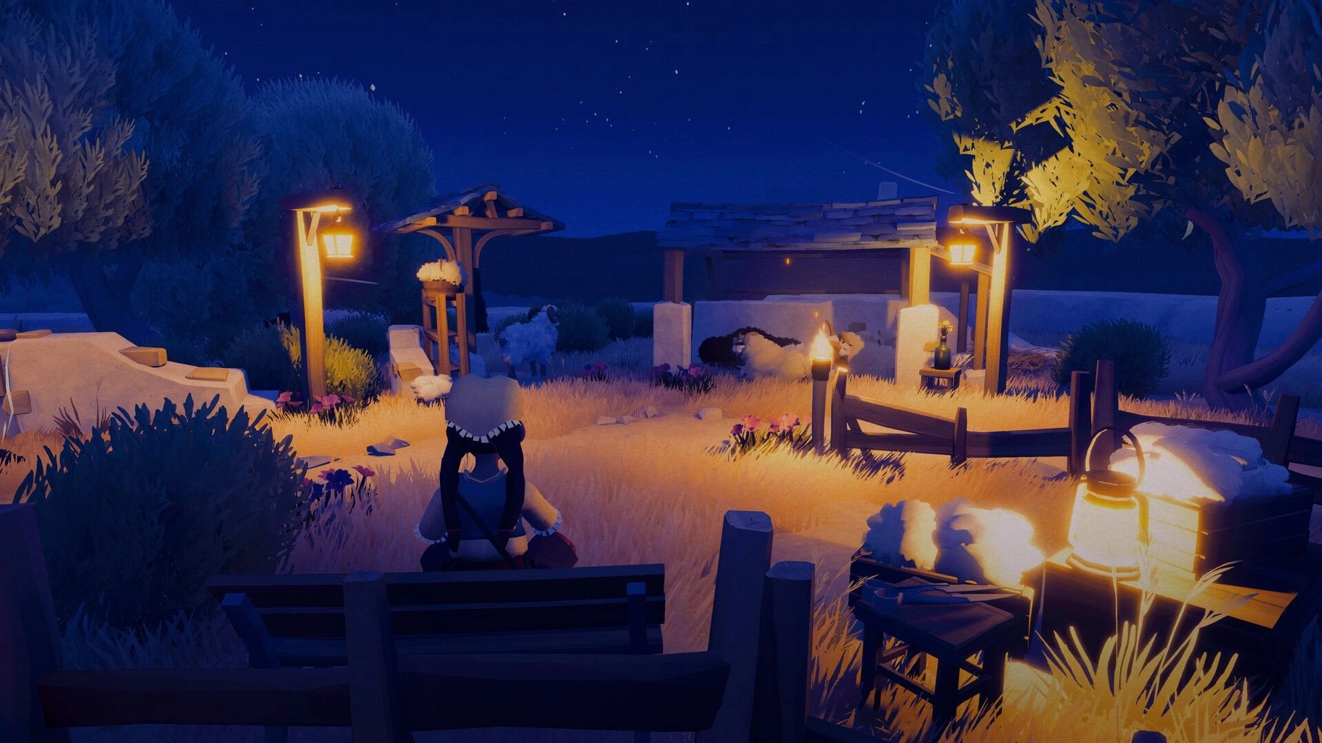 Little Sheep Valley: Player watches sheep in fenced pen by lanterns at night near cozy farm shelters.