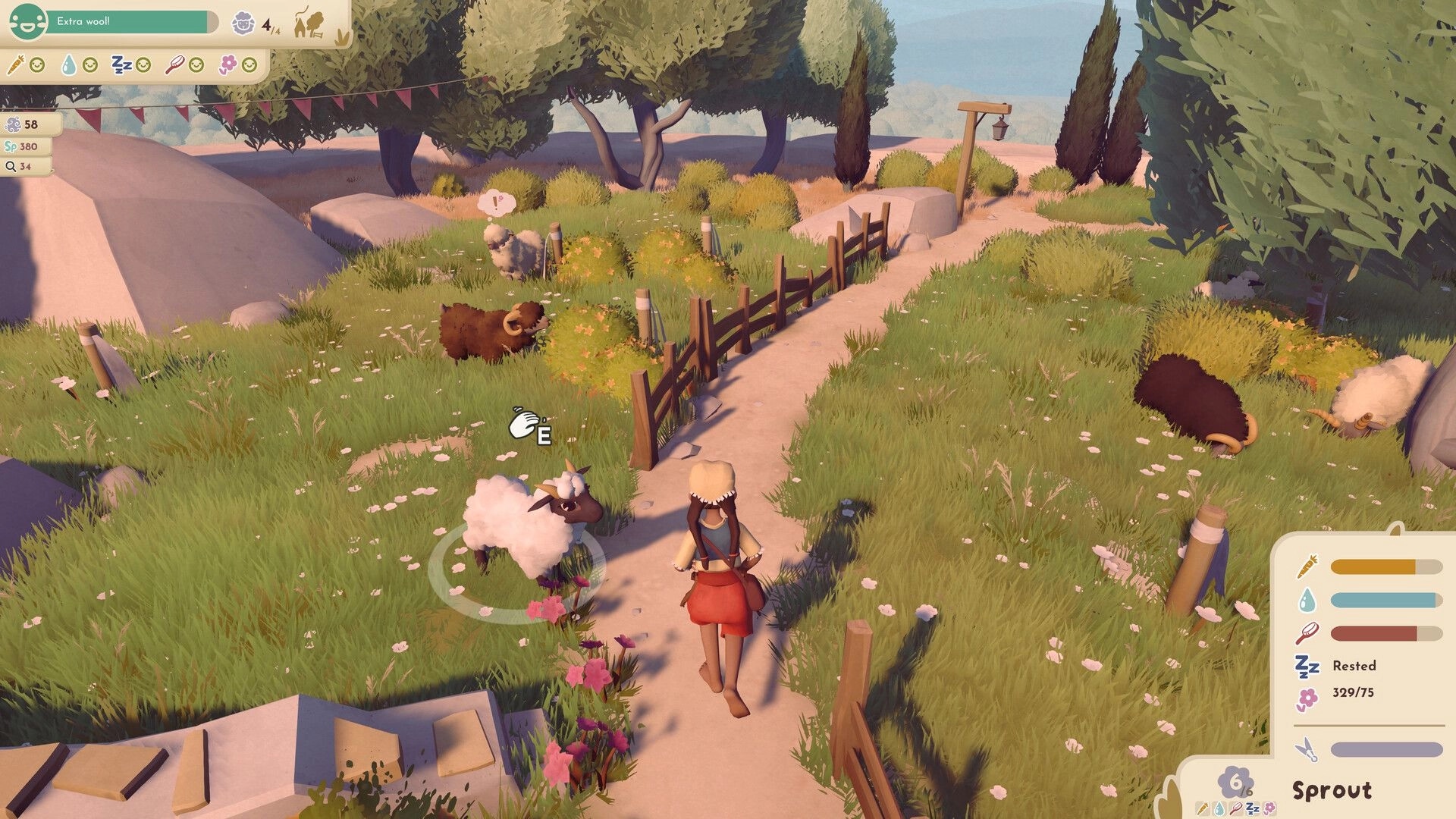 Little Sheep Valley: Player approaches sheep with E prompt on grassy fenced path under trees UI visible.