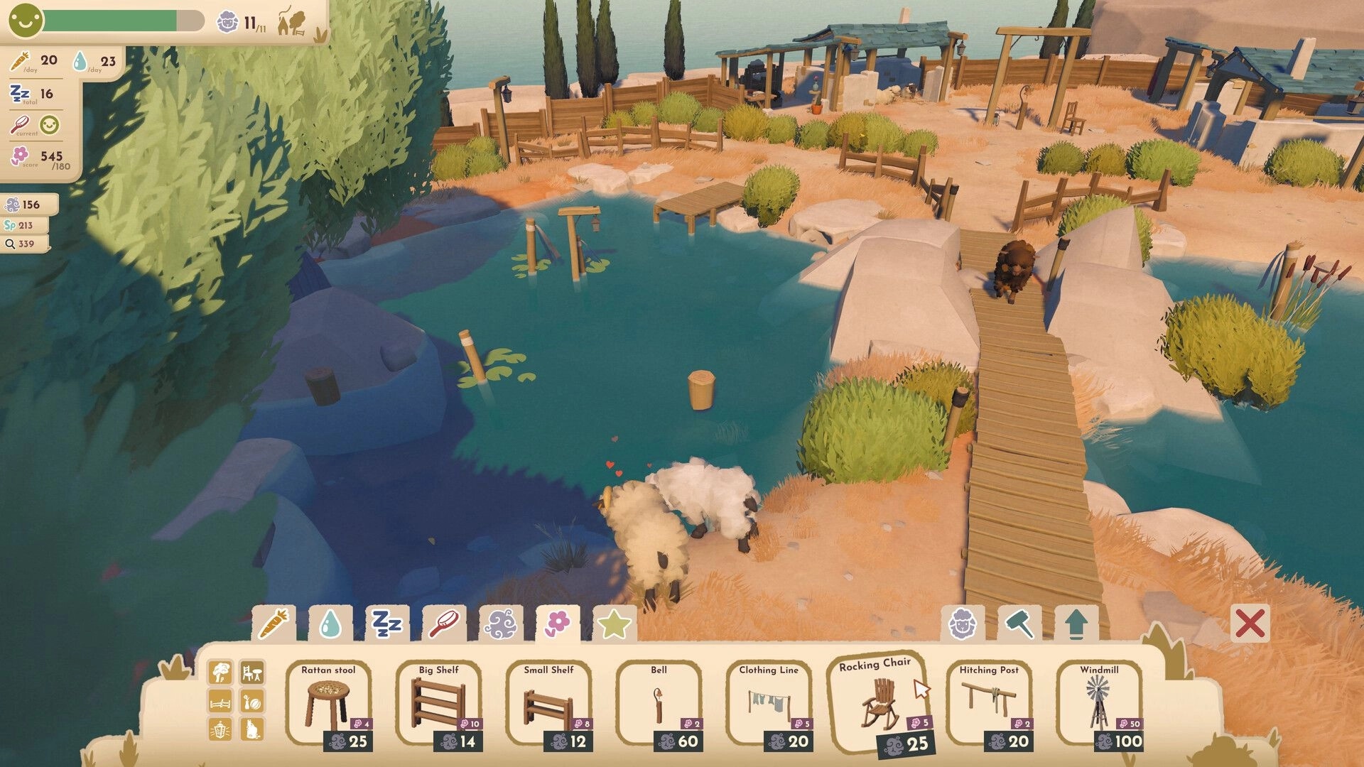 Little Sheep Valley: Build menu open as sheep rest by a pond and bridge in a fenced farmyard.
