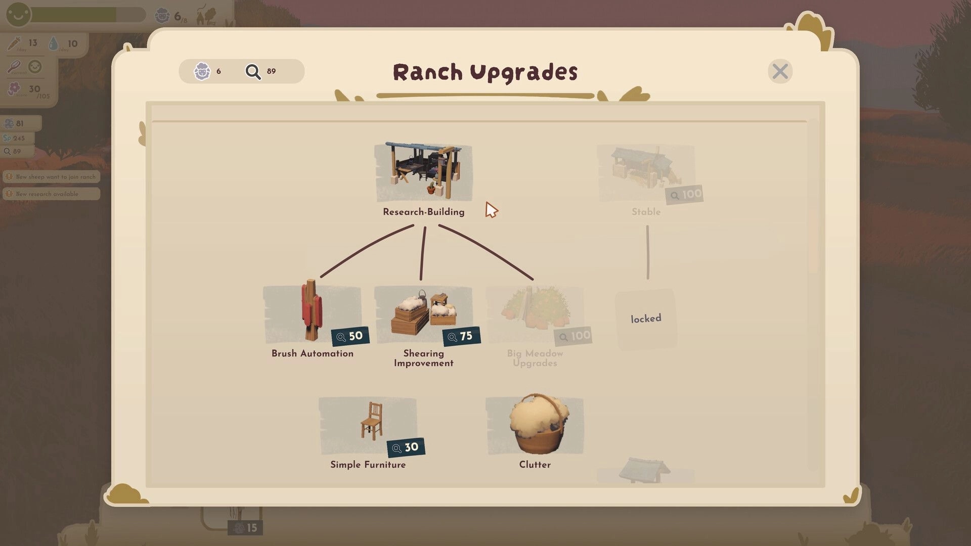 Little Sheep Valley: Ranch Upgrades tech tree with research building and automation options on menu screen.