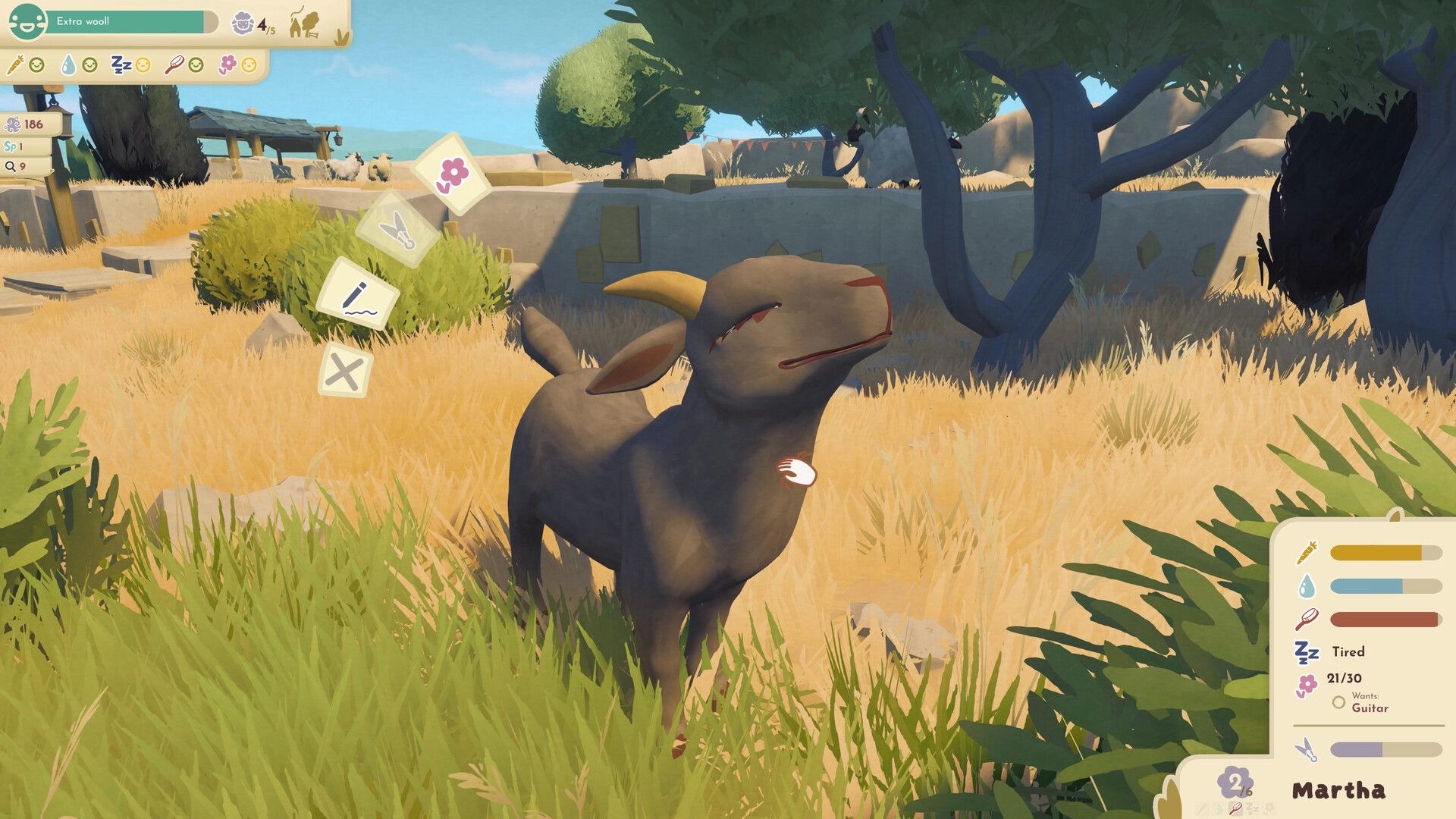 Little Sheep Valley: Petting Martha the sheep with radial action menu in a sunny grassy farmyard.