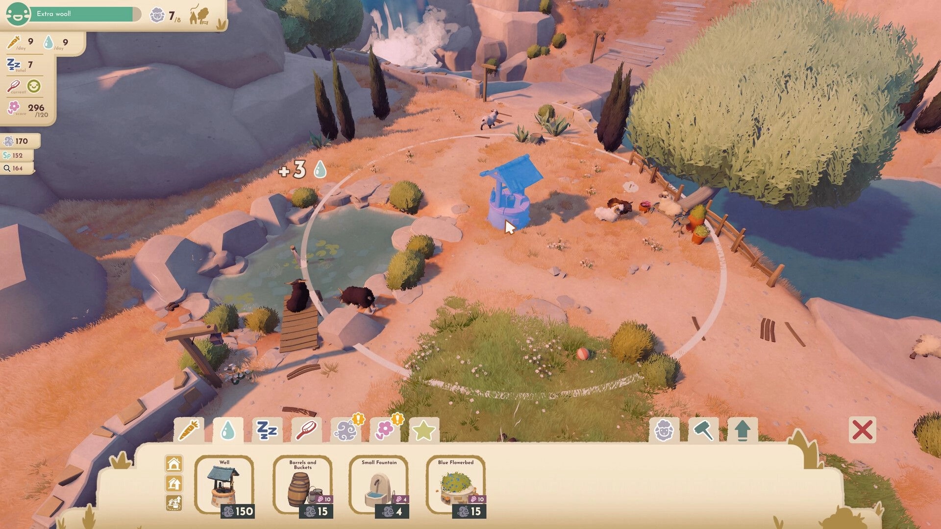 Little Sheep Valley: Placing a blue well in build mode near grazing sheep by ponds and trees UI open.