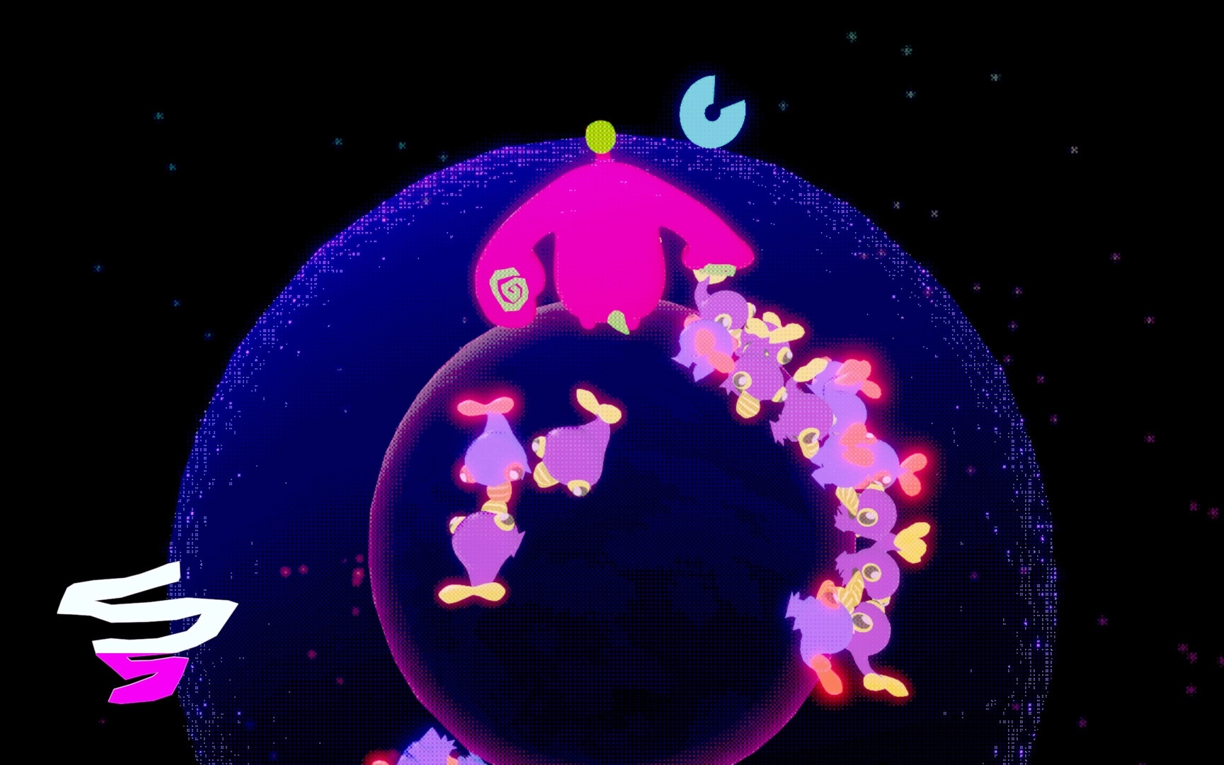 LiTTLE SYMBiO: Pink alien atop tiny planet with purple creatures orbiting in starry space UI icons.