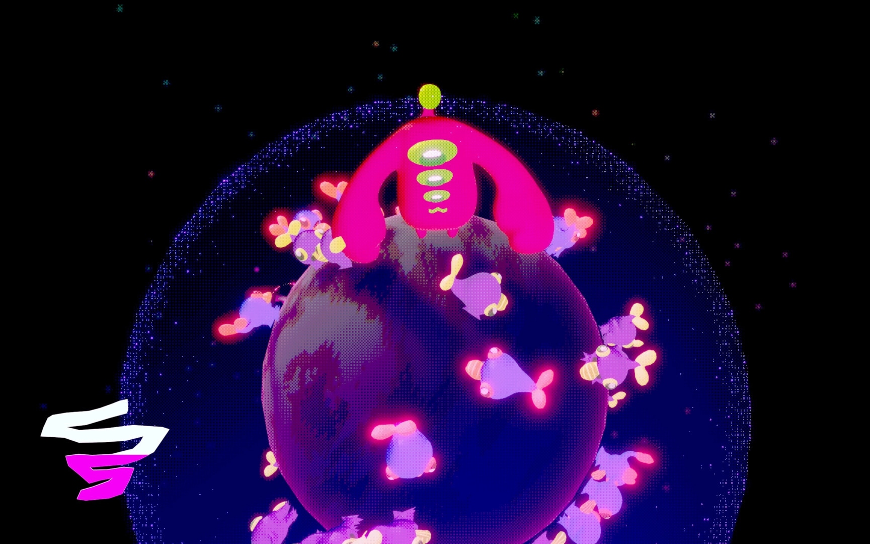 LiTTLE SYMBiO: Giant pink alien stands on tiny planet as small glowing critters orbit in space.