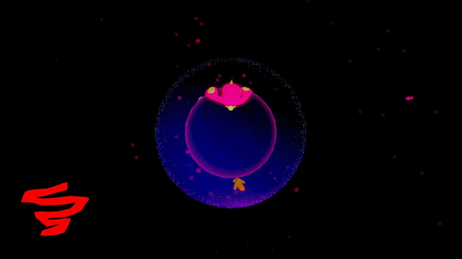 LiTTLE SYMBiO: Pink alien clings to a blue planet amid starry space with a red swirl UI icon left.