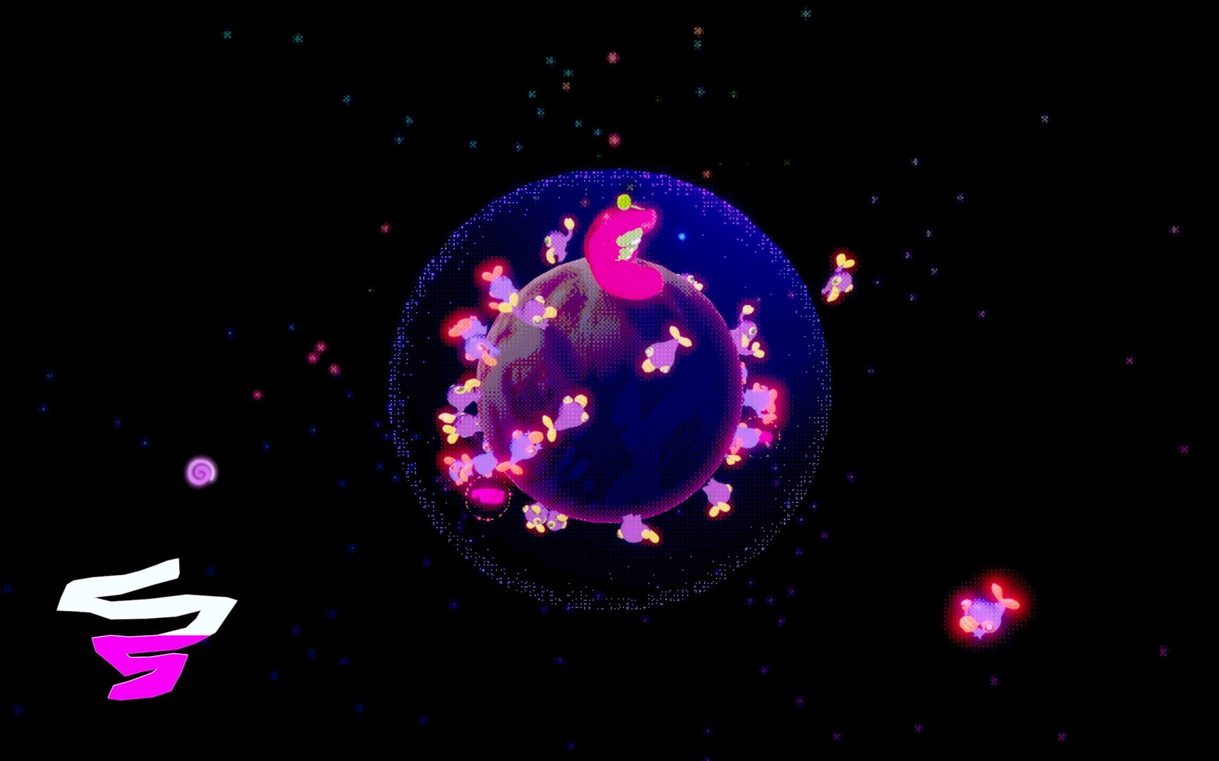 LiTTLE SYMBiO: Pink alien perched on tiny planet as small creatures swarm around in starry space.